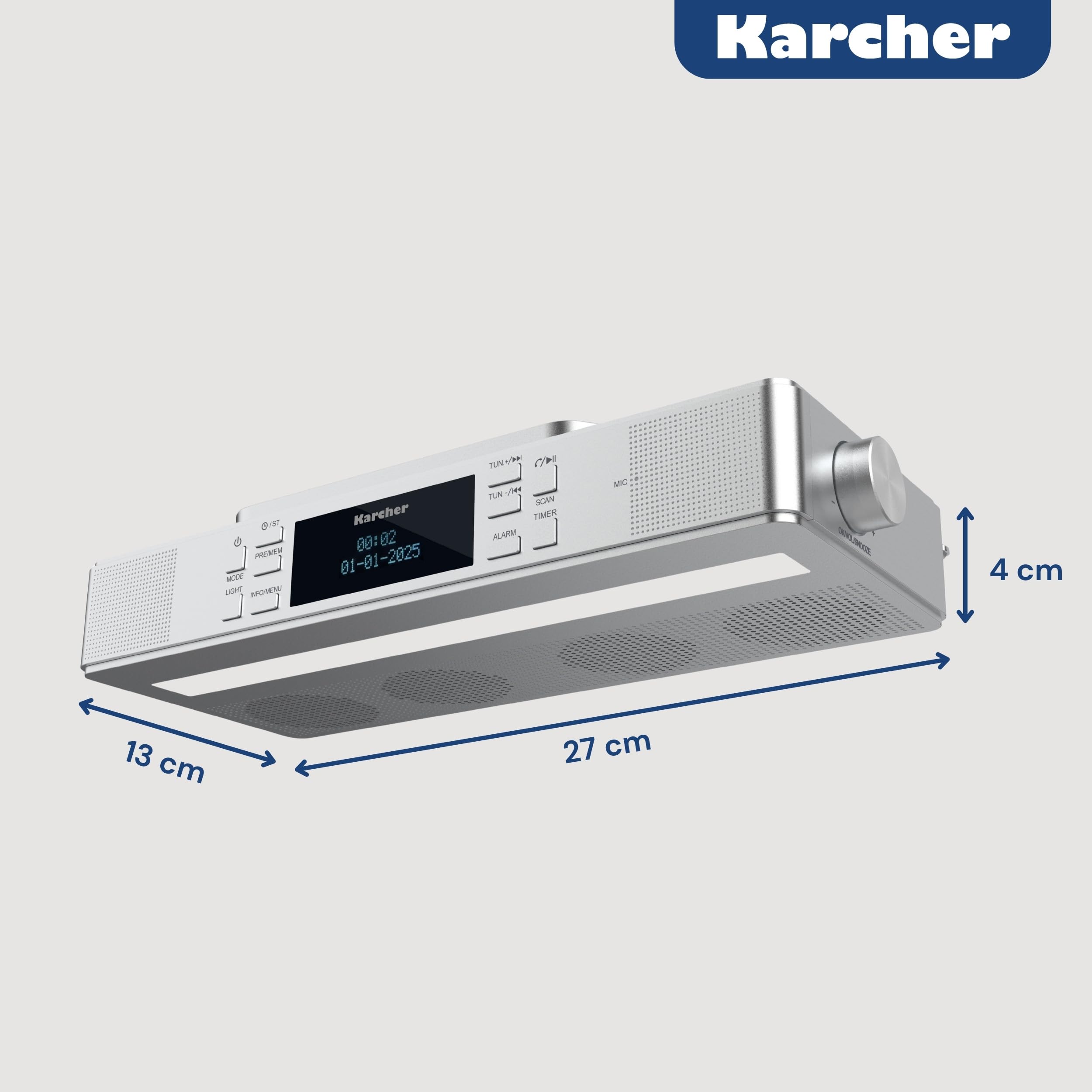 Karcher RA 2038D-S - Radio de Cocina con Radio FM/Dab+, empotrable con Bluetooth y lámpara, Radio Digital con Doble Alarma, Despertador y Temporizador de Cuenta Regresiva, Plata