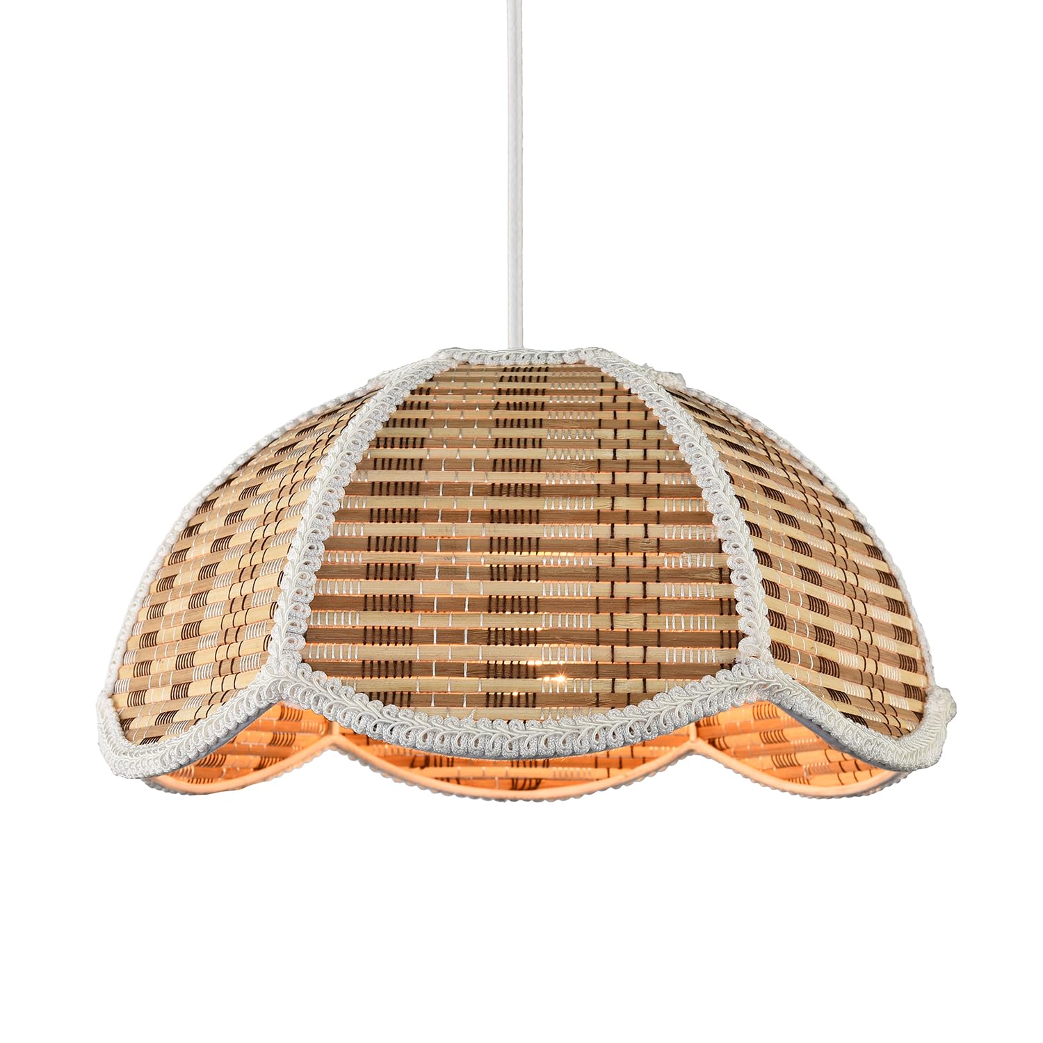Happy Homewares Rattan Pendant Shade Brown White Embroidered Trim