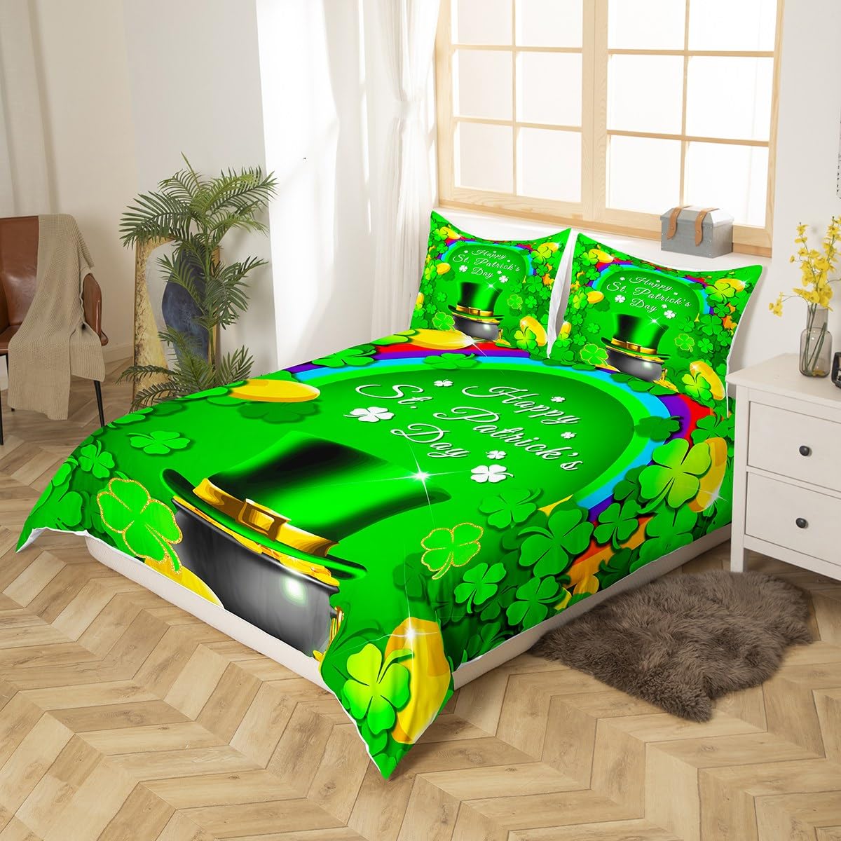 jejeloiu St.Patrick's Day Bedding Set King Size Lucky Clover Leaves Comforter Cover Set for Boys Girls Teens Rainbow Large Pot of Gold Duvet Cover Green Hat Bedspread Cover Room Decor