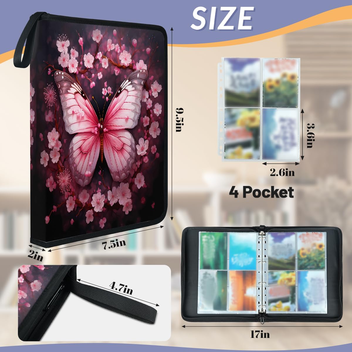 Raccoglitore per carte collezionabili con 4 tasche, rosa, farfalla e fiori, raccoglitore per carte con fiori di ciliegio, con maniche rimovibili, impermeabile, con cerniera, 50 pagine, capacità 400