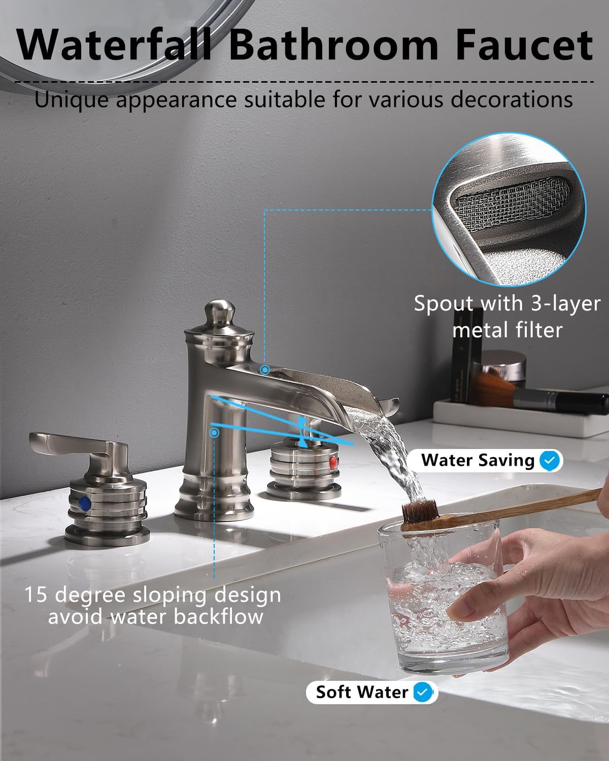 Fapully Brushed Nickel Bathroom Sink Faucet, Waterfall Bathroom Faucets 3 Hole, 8 Inch Widespread Bathroom Faucet with Pop-up Drain, 2-Handle Faucet for Bathroom Sink Vanity RV - Image 2