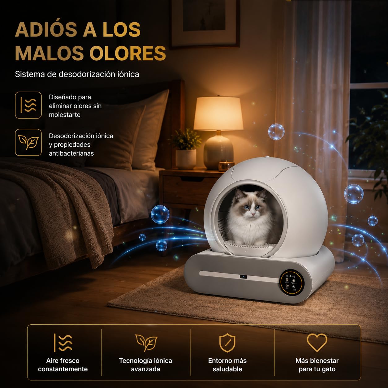 PGD​​SGA Arenero Automático para Gatos Autolimpiable con App, 65+9L, Desodorización por Iones Negativos, Control Inteligente de Seguridad, Incluye 5 Rollos de Bolsas, Ideal para Varios Gatos