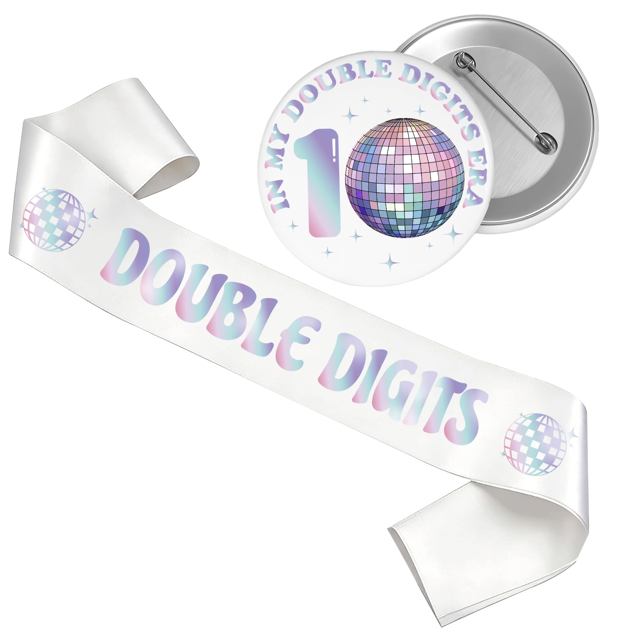 10th Birthday Decorations Badge Sash - 2 PC Colorful IN MY DOUBLE DIGITS ERA 10 Badge Disco Ball Pattern DOUBLE DIGITS Sash For Boys Girls 10 Year Old Retro Theme Happy Birthday Party Supplies