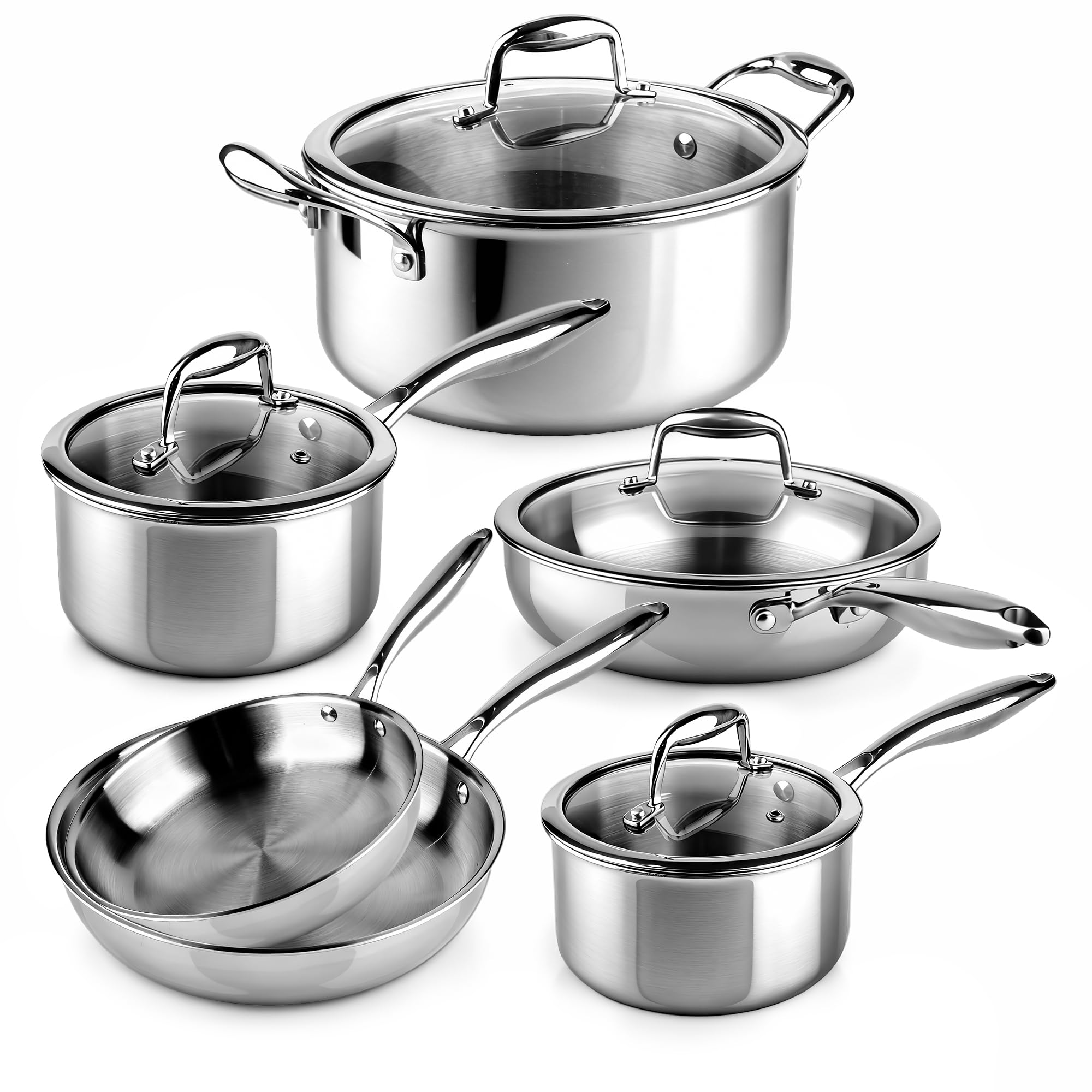 La Moustache - Batería de Cocina de Acero Inoxidable 10 Piezas con Tapas de Vidrio (Ø16/18/20/24/26 cm) - Juego de Ollas y Sartenes para Inducción, Sin Recubrimientos, Apta Lavavajillas (Titan Inox) - 2