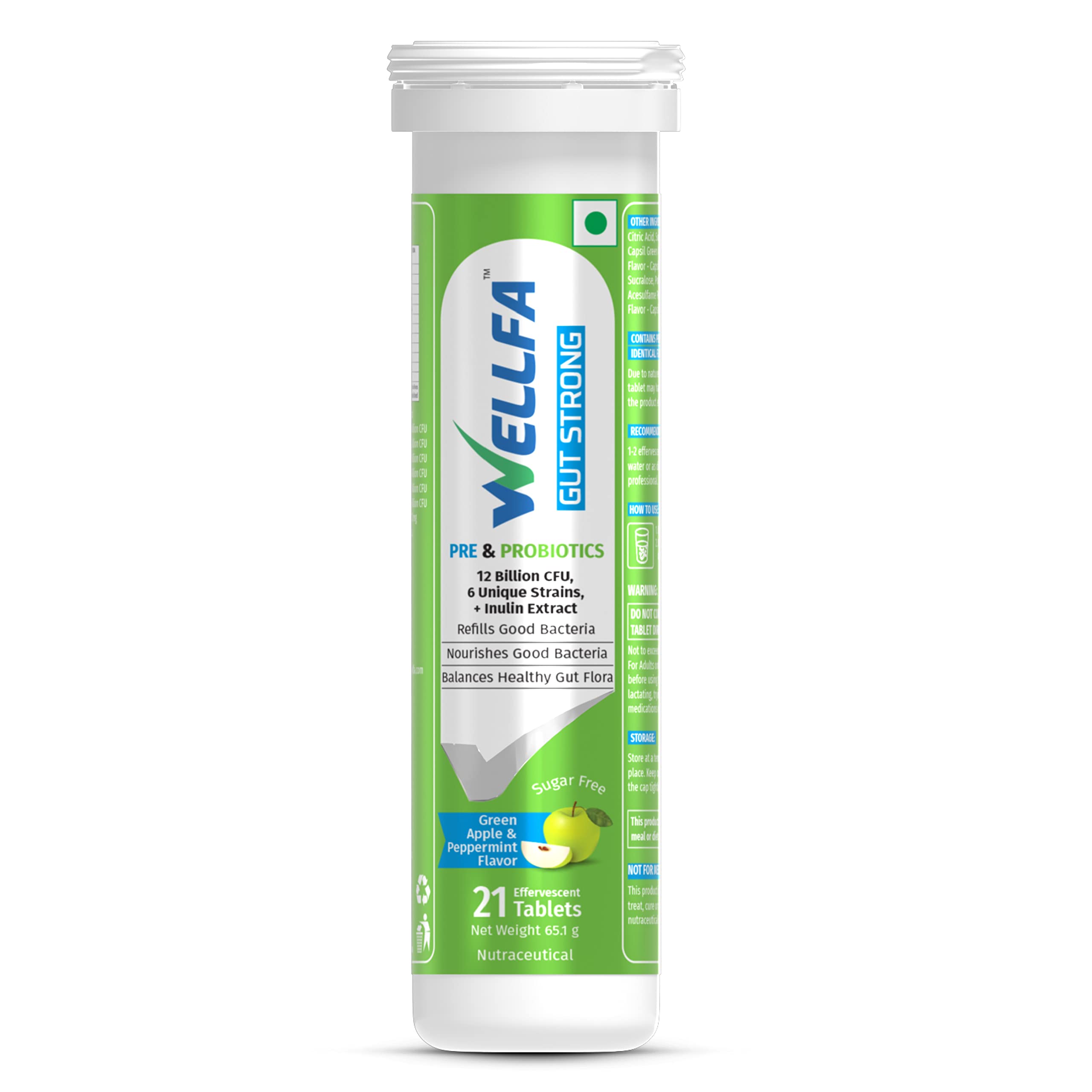 Gut Strong Tablets| 12 billion CFU Probiotic | 6 Unique Probiotic Strains | Prebiotic-Inulin Extract | Better Gut Health | Green Apple & Peppermint - 21 Effervescent Tablets