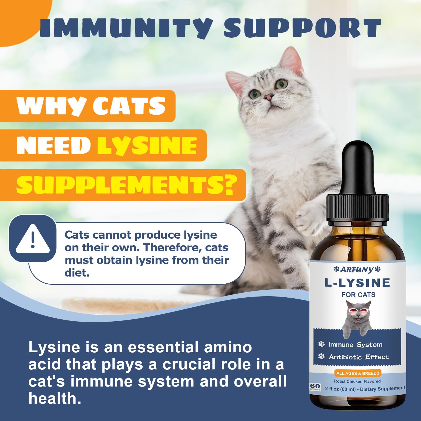 Lysine Chat - pour Système Immunitaire, Bien-Être Respiratoire, Yeux - 60ML Lysine pour Chats - Gouttes Antibiotiques Naturelles pour Chats - Arôme de Poulet Rôti