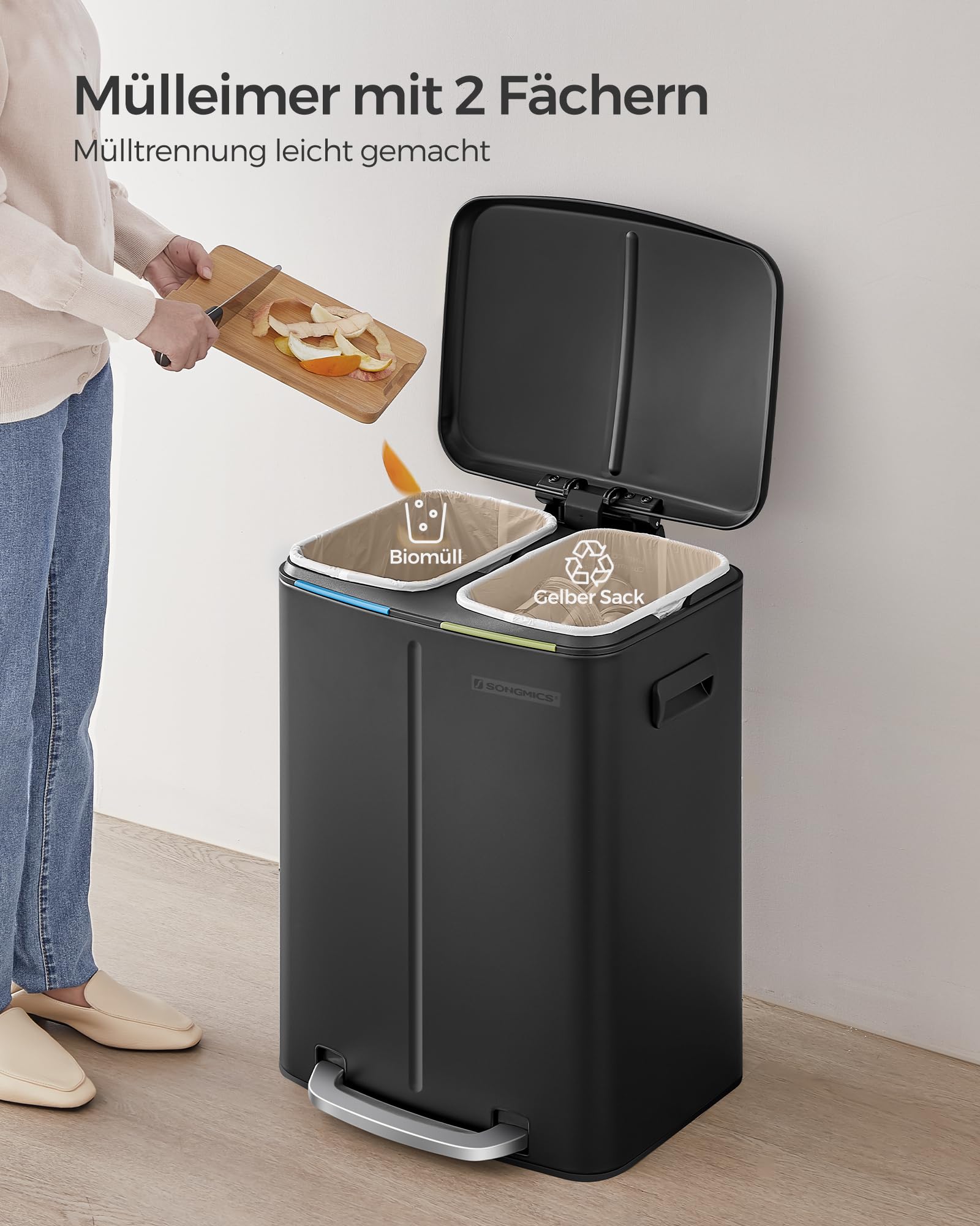 SONGMICS Mülleimer Küche, 2 x 20 L, Mülltrennsystem 2 Fächer, Abfalleimer Metall, Treteimer, Inneneimer aus Kunststoff, Softclose-Deckel, mit Griffen, geruchsdicht, schwarz LTB40B02