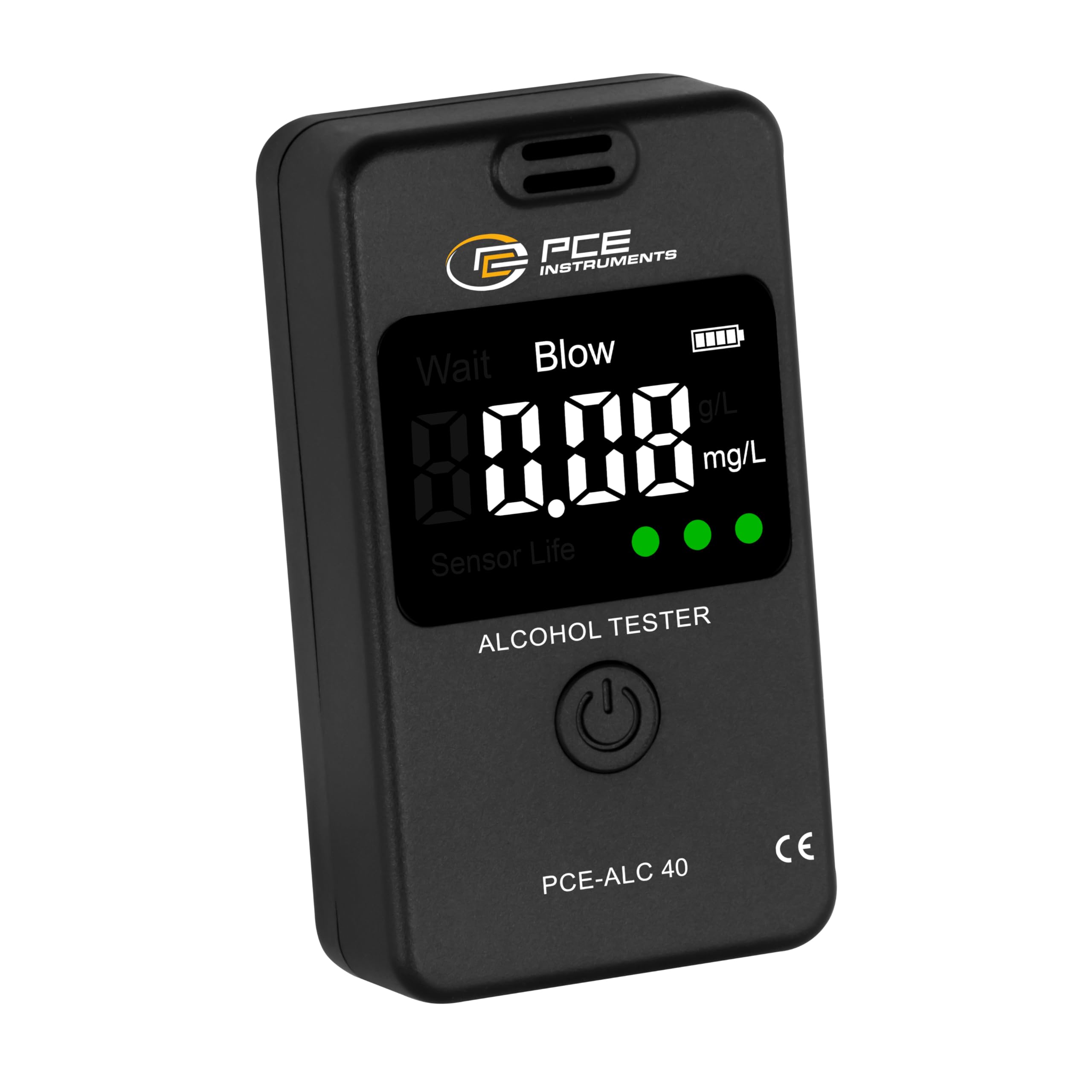 PCE Instruments Alcoholímetro sin boquillas PCE-​ALC 40 / Sin Contacto/​Resultado inmediato/​Diseño pequeño y móvil/​Rango: 0 ... 1 g/​l/​Memoria Interna/​Indicación numérica y semáforo