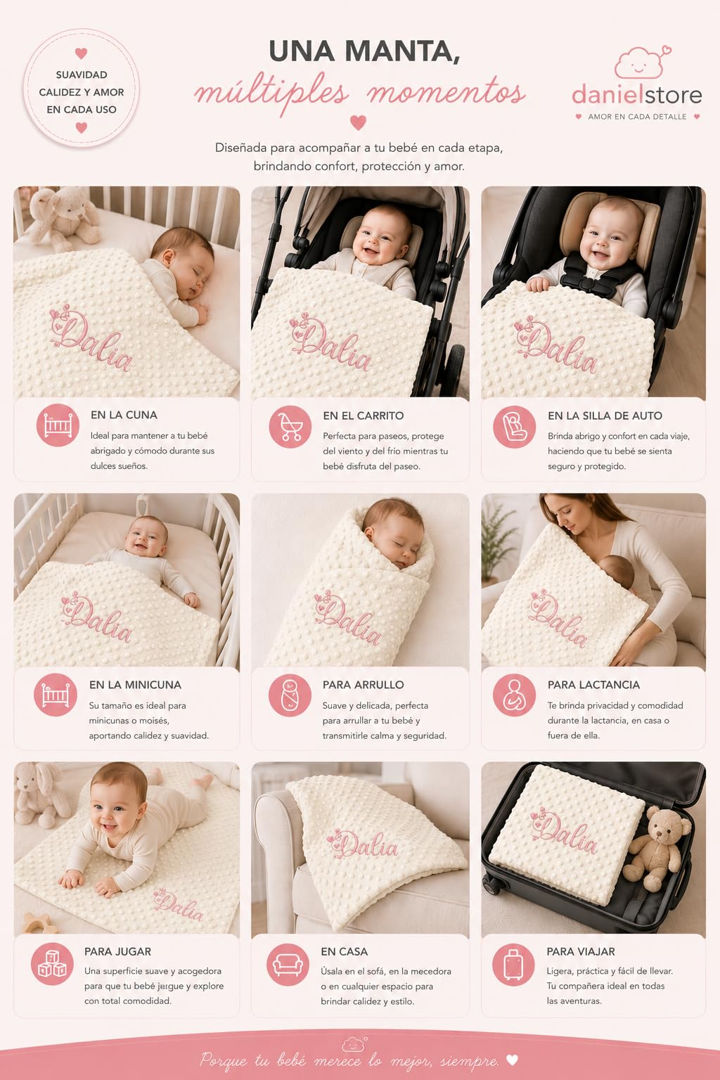 Danielstore-Manta Bebé Personalizada con Nombre Bordado – Mantita Coralina Ultrasuave 80x110 cm – Manta para Cuna, Carrito y Moisés – Cálida y Transpirable – Regalo para Recién Nacido y Baby Shower