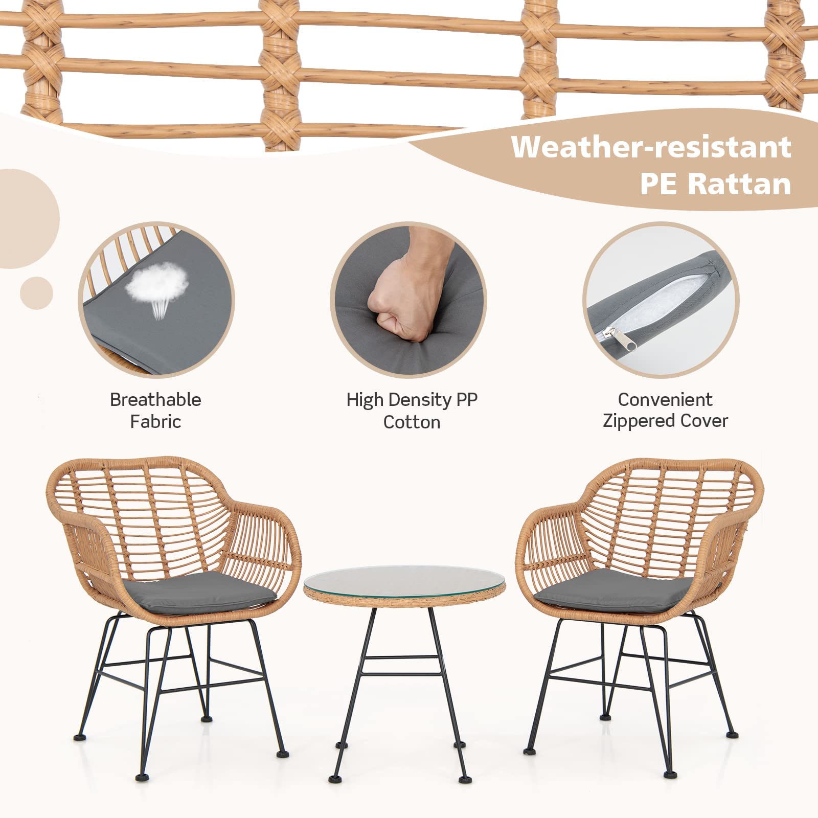 Costway 3-Piece Outdoor Furniture Set Patio Lounge Set Garden Rattan Dining Chairs Glass Table Cafe Bar Bistro Yard