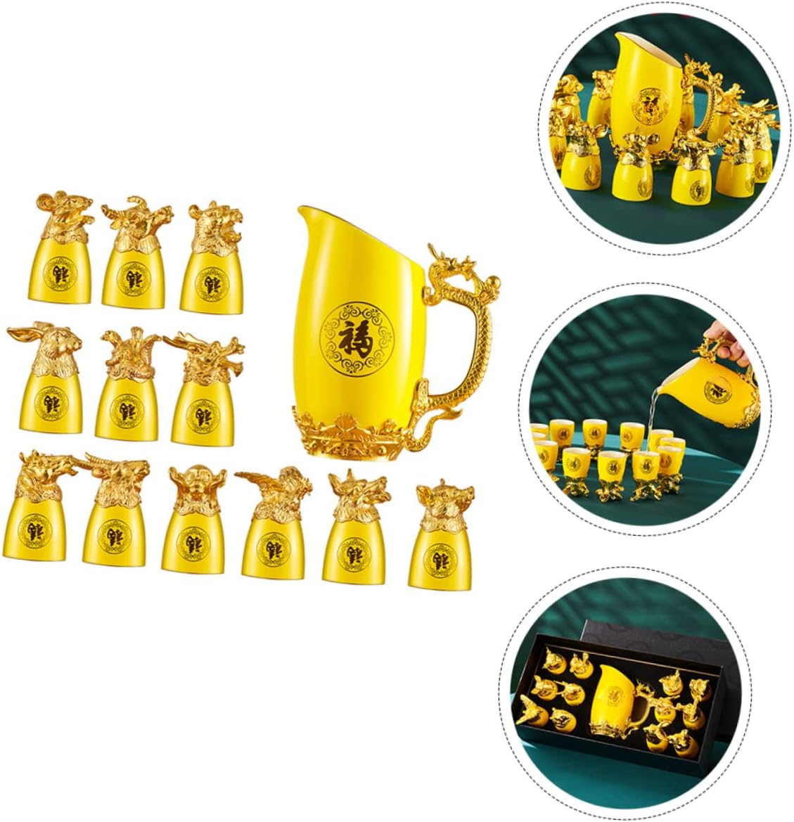 Creative Chinese Zodiac Ceramic Liquor Set Gold-plated Animal Drinkware Decor for Celebrations Luxury Collection Yellow Gift Box