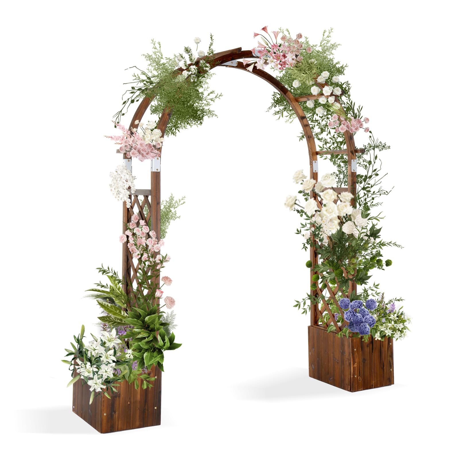 Bonnlo Wooden Garden Arch with Planters, Carbonised Wooden Arch with Side Trellis for Climbing Vines, Decoration Arbor for Garden Archway & Patio