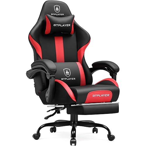 GTRACING Gaming Chair with Foot Rest & Pocket Spring Cushion, Ergonomic High Back Computer Chair with Headrest & 360°-Swivel Seat for Home Office Desk, PU Leather, Red