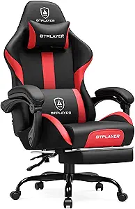 GTRACING Gaming Chair with Foot Rest & Pocket Spring Cushion, Ergonomic High Back Computer Chair with Headrest & 360°-Swivel Seat for Home Office Desk, PU Leather, Red