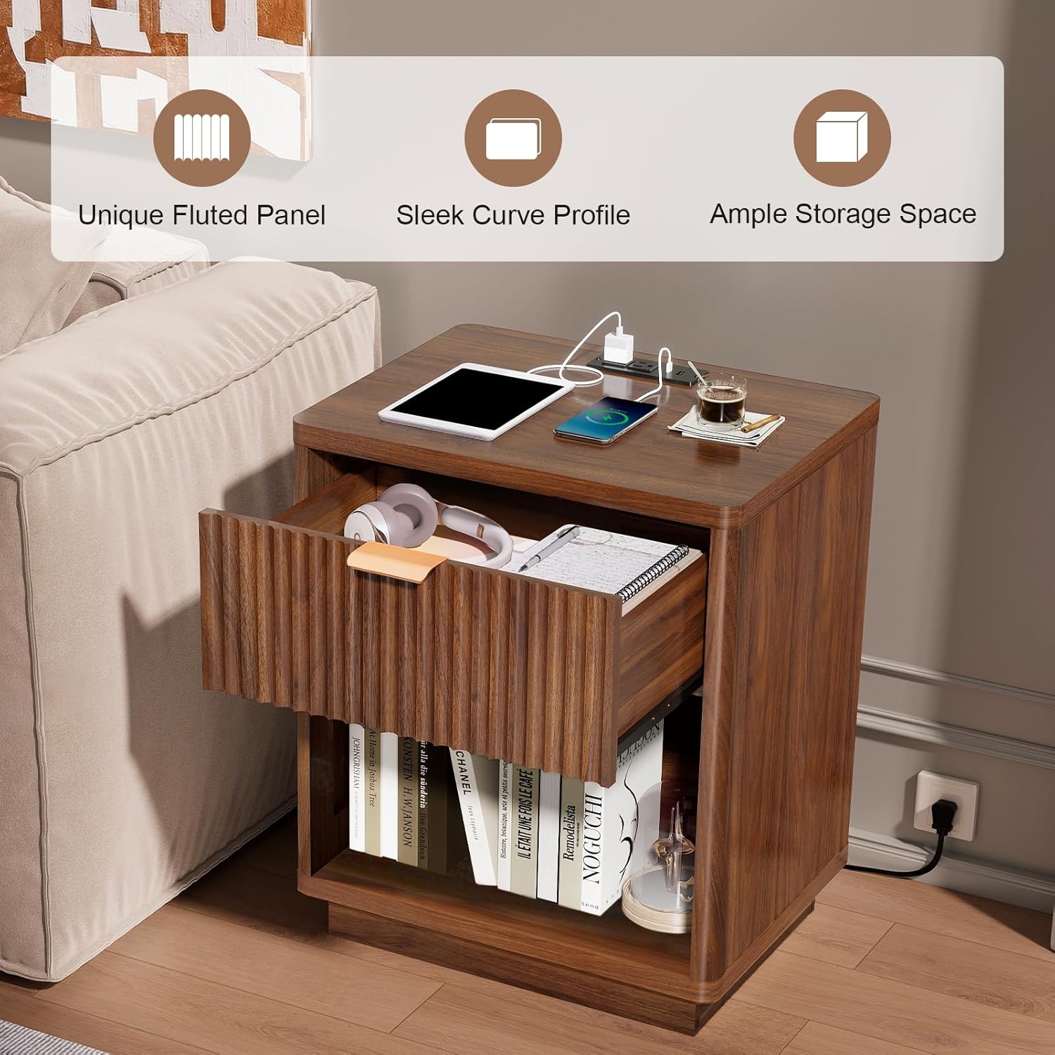 Fluted Nightstand with Charging Station, Wood Modern Night Stands Storage Cabinet for Bedroom, Walnut Bedside Table with Drawers