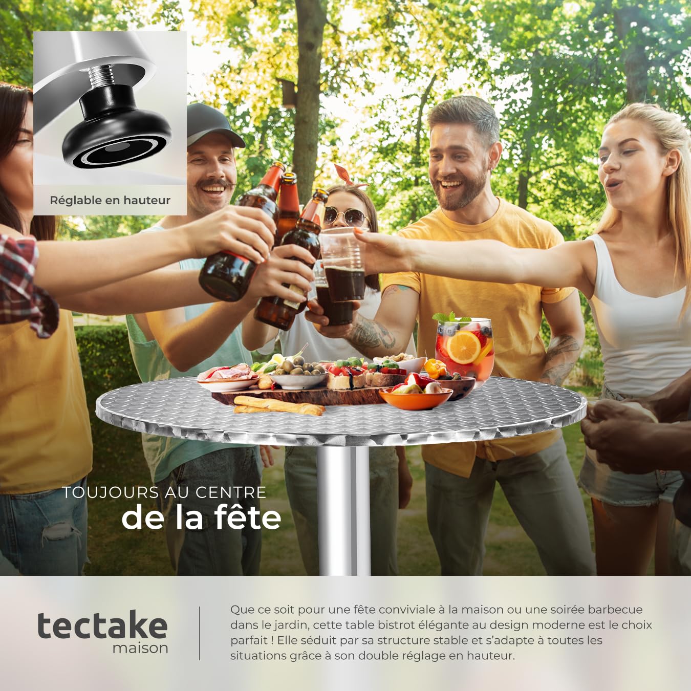 tectake® Table Haute Mange Debout Table Bistrot Table de Bar Ronde Pliable Aluminium Hauteur réglable 75 ou 115 cm Ø 60cm Meuble Exterieur pour Reception Mariage Anniversaire Fête de Jardin