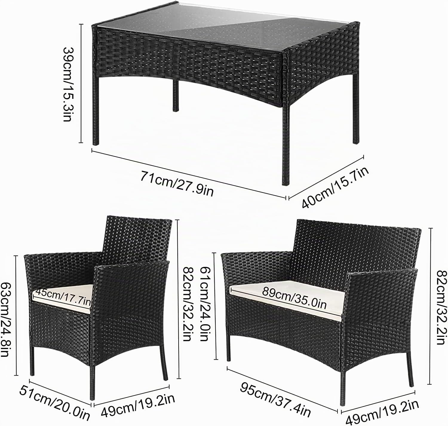Arreditaly Ensemble de meubles de jardin salon salon en rotin 4 places avec table basse et étagère en verre 2 fauteuils et canapé 2 places pour jardin extérieur piscine coussins amovibles (blanc)