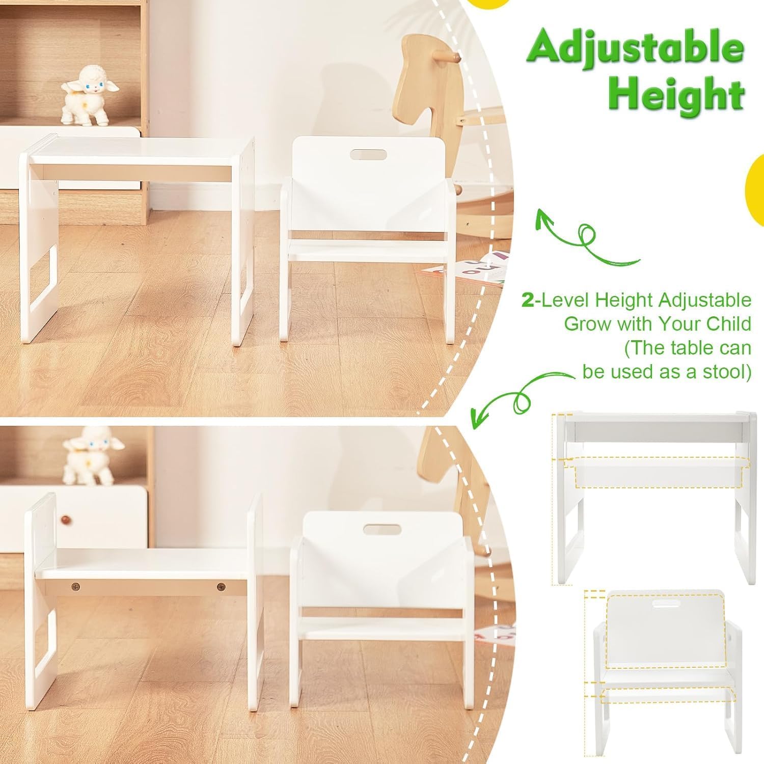 FUNLIO Set Tavolo e Sedia Montessori per Bambini 1-3 Anni, Altezza Regolabile, Ideale per Leggere/Mangiare/Giocare, Montaggio Semplice, Certificato CPC - Bianco