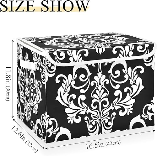 Miniatura 3 de Cesta de almacenamiento con diseño floral barroco de damasco negro con tapas y asa, cubo de almacenamiento grande plegable para estantes, armario,
