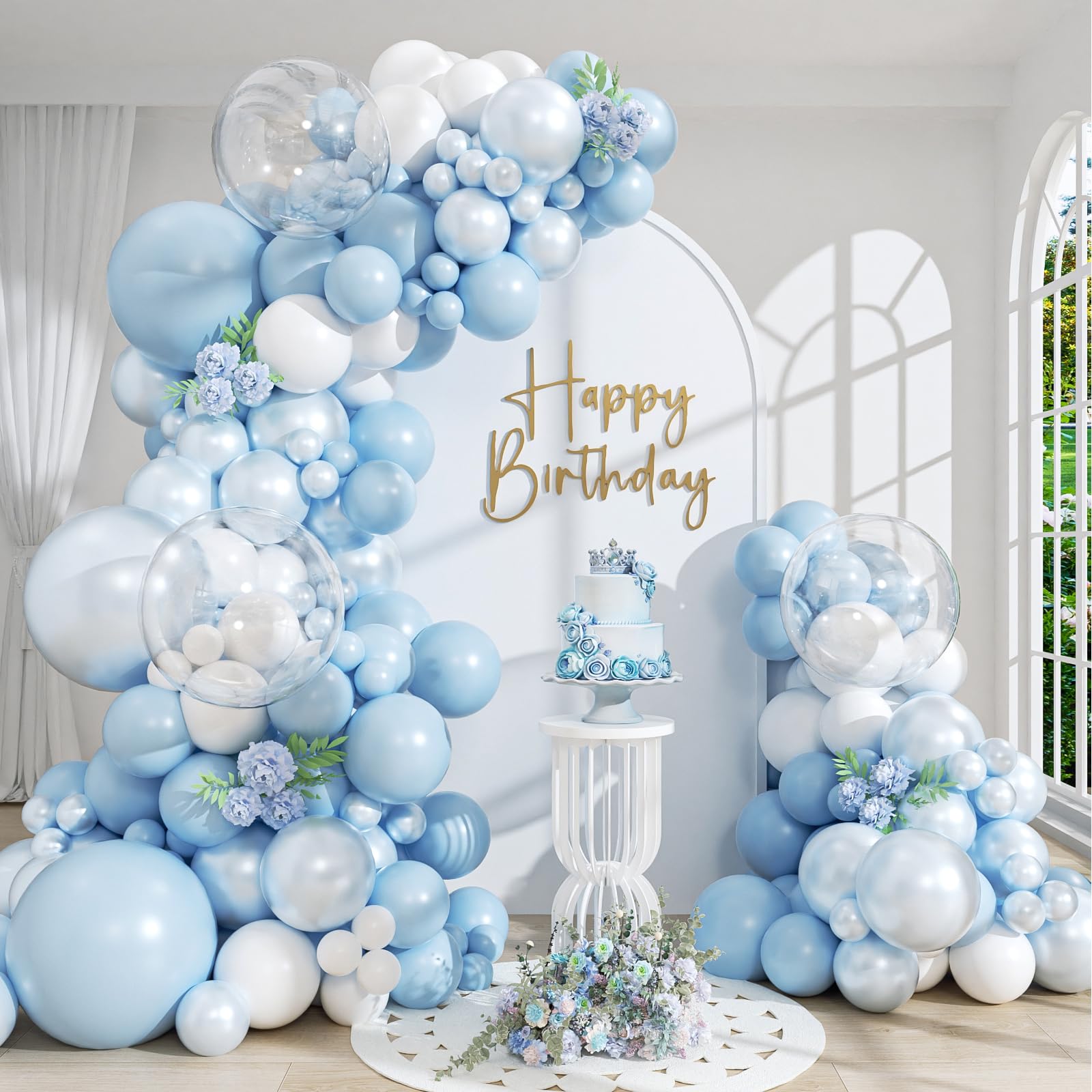 Photo 1 of 124pcs Blue and White Balloon Arch Kit Double Stuffed Pastel Blue Balloons
