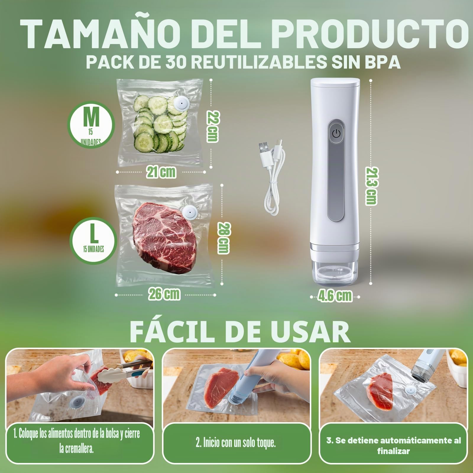 Selladora al Vacío Manual Compacta para Alimentos, Máquina Portátil con 30 Pieza Bolsas Reutilizables | Mini Selladora de Conservación, Compacta Chef para Preservar Alimentos