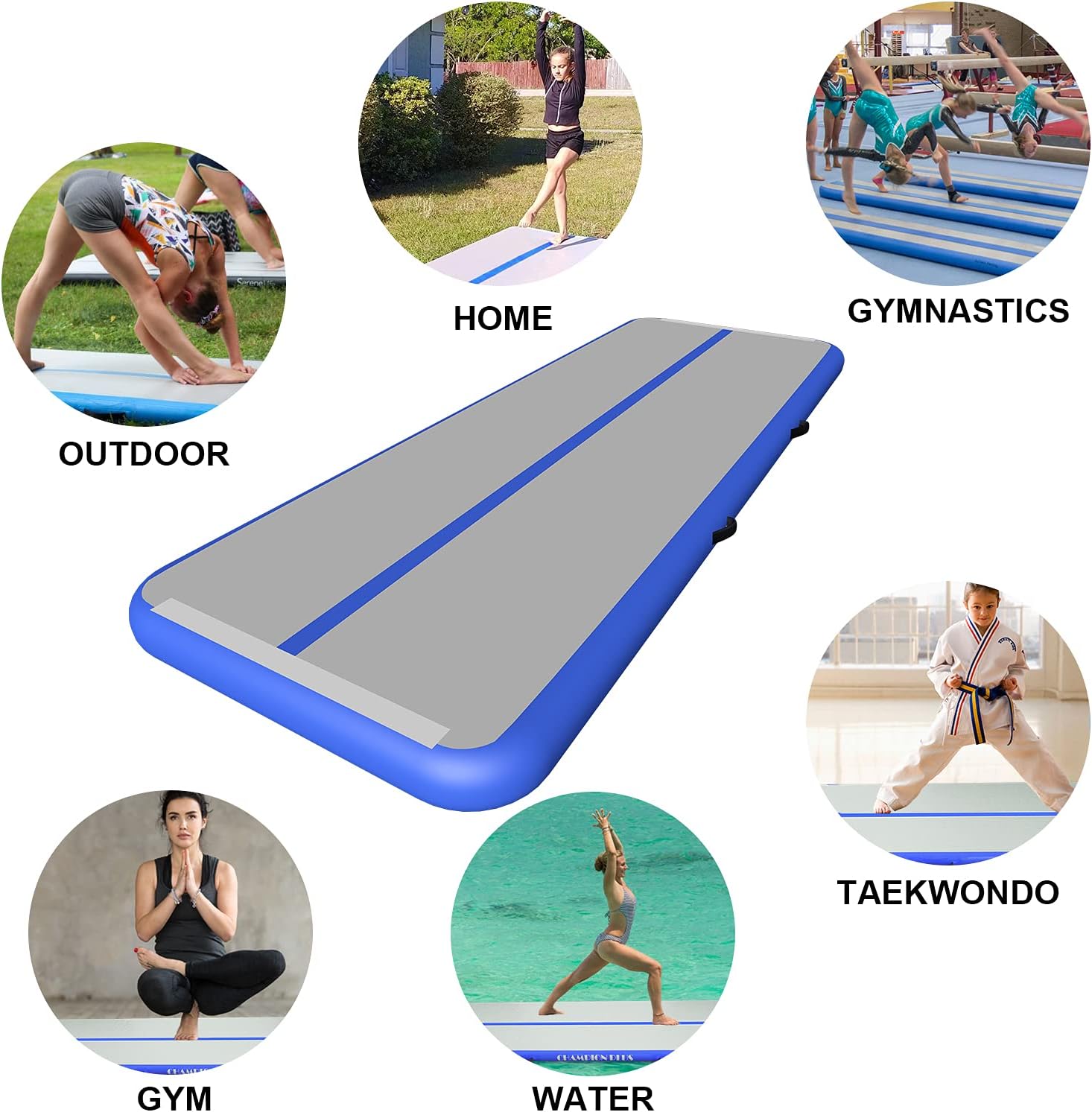 CHAMPIONPLUS Inflatable Air Tumbling Mat Gymnastics Tumble Track 4/8 inches Thickness Air Mats for Home Use/Training/Cheerleading/Water Yoga 10ft 13ft 16ft 20ft with Electric Air Pump : Sports & Outdoors