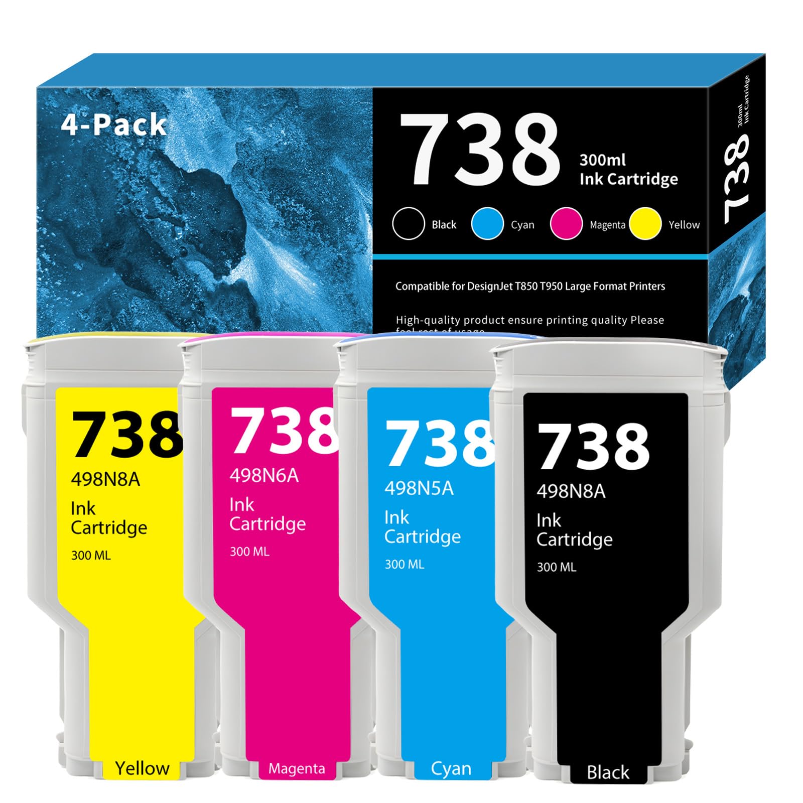 Photo 1 of 738 DesignJet Ink Cartridge 300-ml 498N8A 676M6A 676M7A 676M8A Replacement for HP 738 Ink Cartridge for DesignJet T850 & T950 Wide Format Plotter Printer Ink 4-Pack (Black, Cyan, Magenta, Yellow)