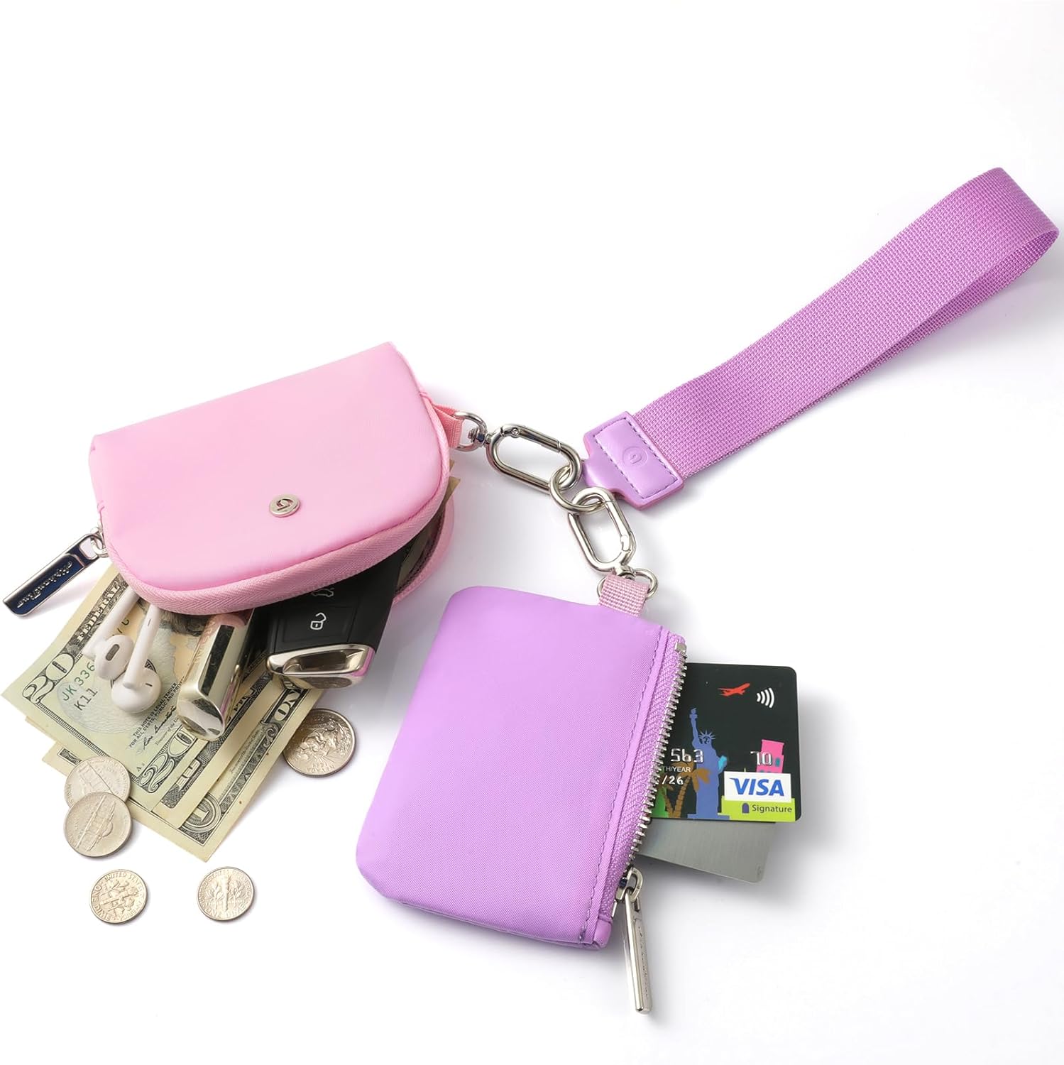 Keychain Wallet Mini Zip Around Wristlet Wallets for Women Detachable Dual Pouch Wristlet Portable Coin Purse Small Wallets With RFID Blocking (Purple & Pink) - Image 2