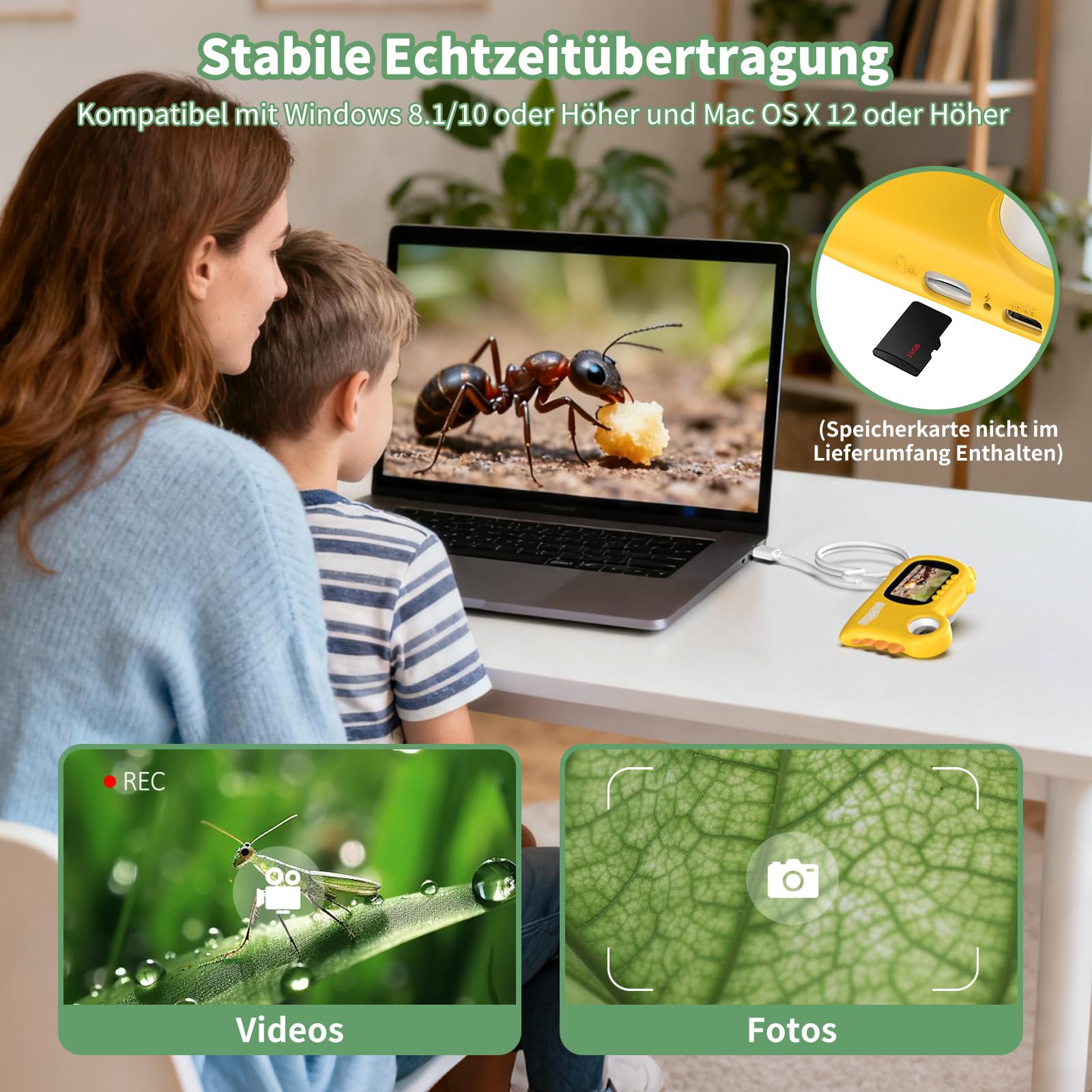 2 in 1 Mikroskop für Kinder 3–12 Jahren, Gelb | 1000X Mikroskop Digital mit 2.0" IPS, Handy USB Mikroskop mit 8 LEDs, Taschenmikroskop für Weihnachten, Geburtstagsgeschenke