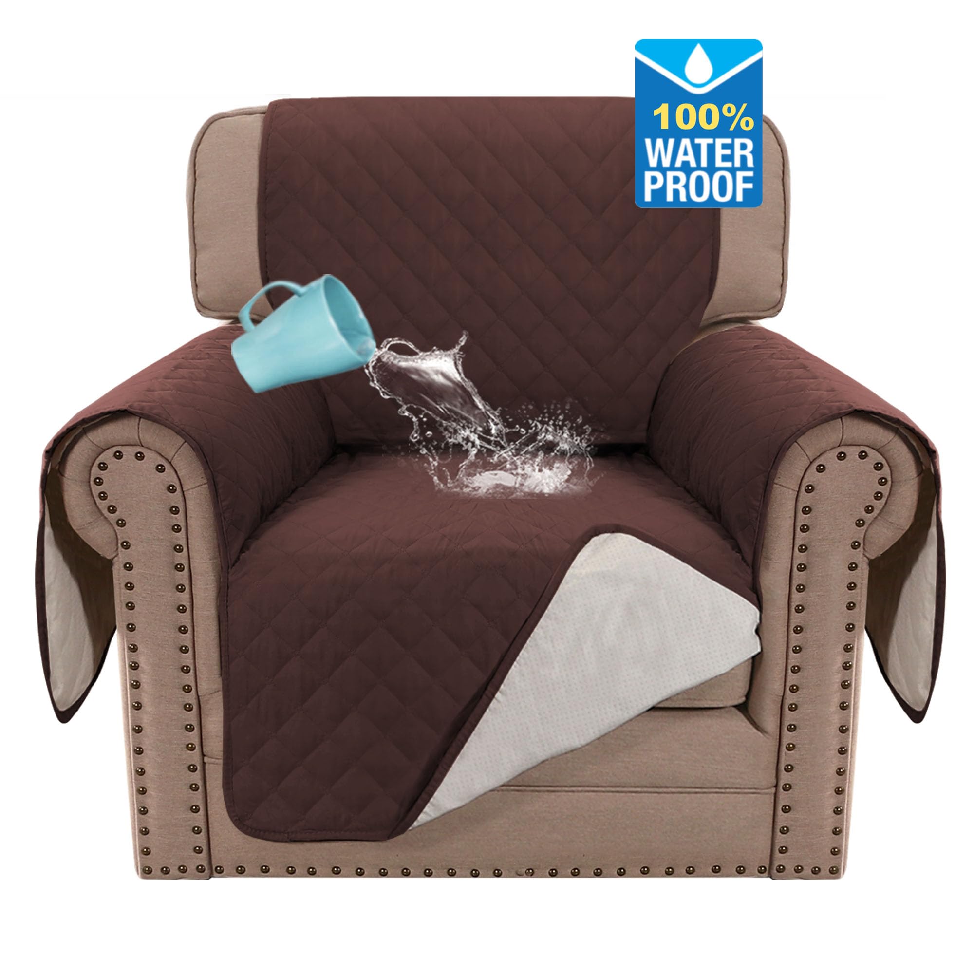 Bellahills Brown Sofa Cover 100% Waterproof Sofa Covers 1 Seater Armchair Covers Triple Non-Slip Sofa Slipcovers For 1 Cushion Chair Washable Sofa Protector For Kids/Pets (Chair 23",)