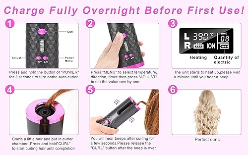 Miniatura 4 de Bupto Rizador de cabello rizador automático inalámbrico automático rizador de pelo portátil recargable con 6 temperaturas y temporizadores varita de