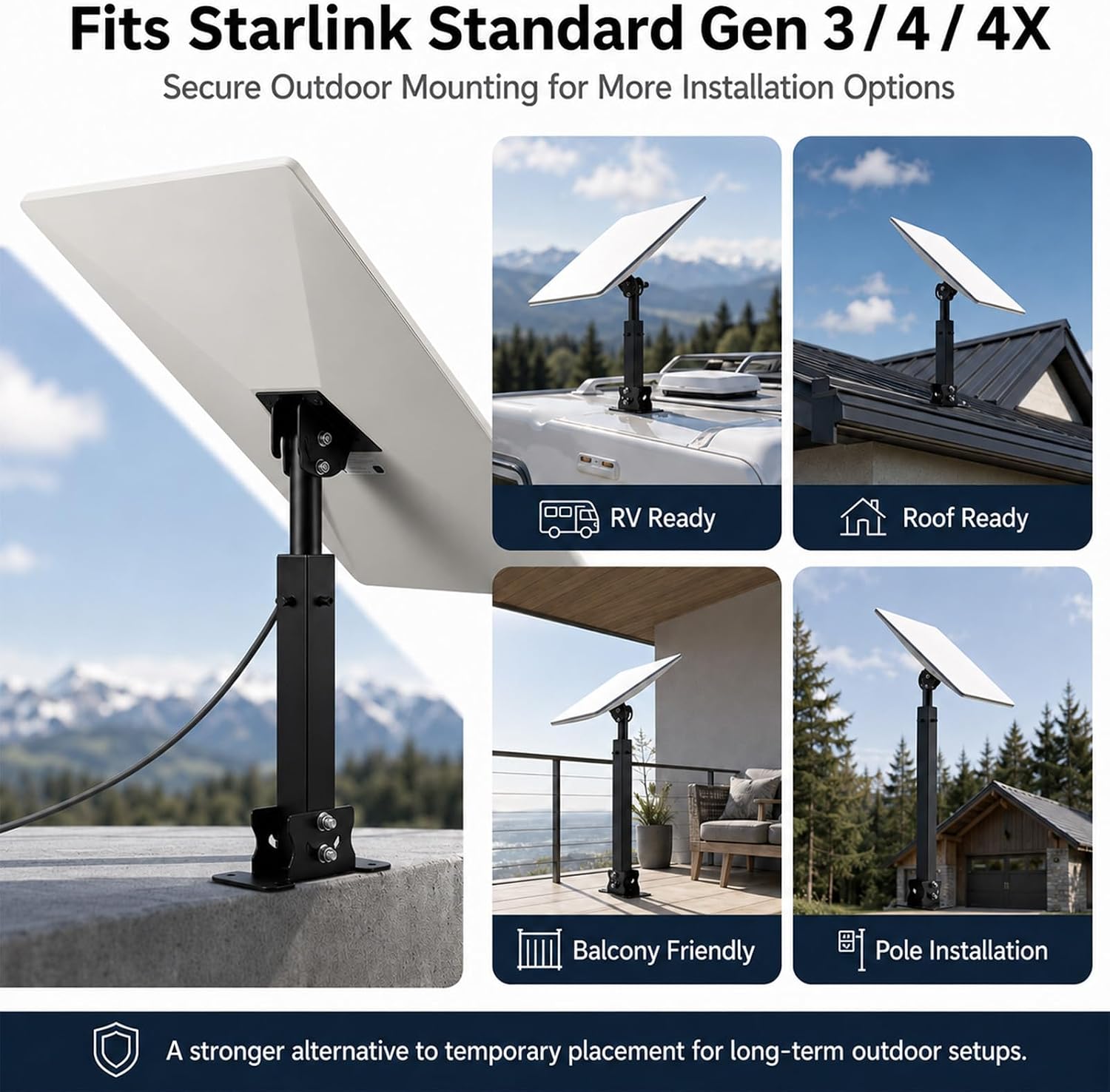 Starlink Gen 3 Pole Mount, Heavy Duty Adjustable Metal Mounting Bracket for Starlink Standard Gen 3/4/4X, Outdoor Satellite Dish Mount with 6-Screw Locking System for RV Roof Balcony Pole Installation
