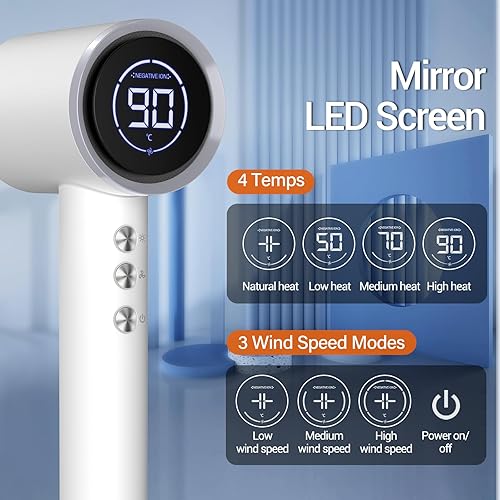 Miniatura 2 de Secador de pelo con difusor, 110000RPM de alta velocidad profesional para secado rápido, iónico con boquilla magnética y pantalla LED, portátil para