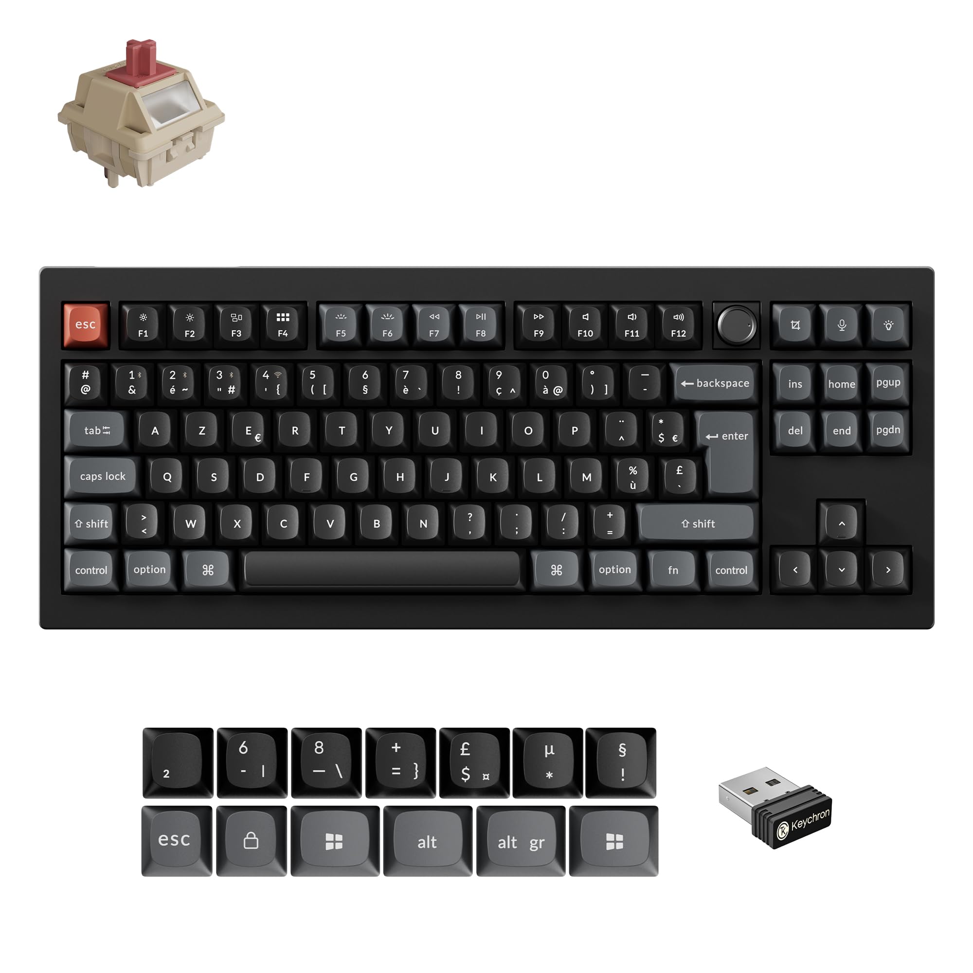Keychron V3 Ultra ZMK Clavier Mécanique sans Fil, TKL ISO-FR Layout, 8K Polling Rate, 2,4 GHz/Bluetooth 5.3 /Filaire, RGB, Pré-lubrifiés, pour Mac, Windows et Linux, Interrupteurs Rouges Silk Pom