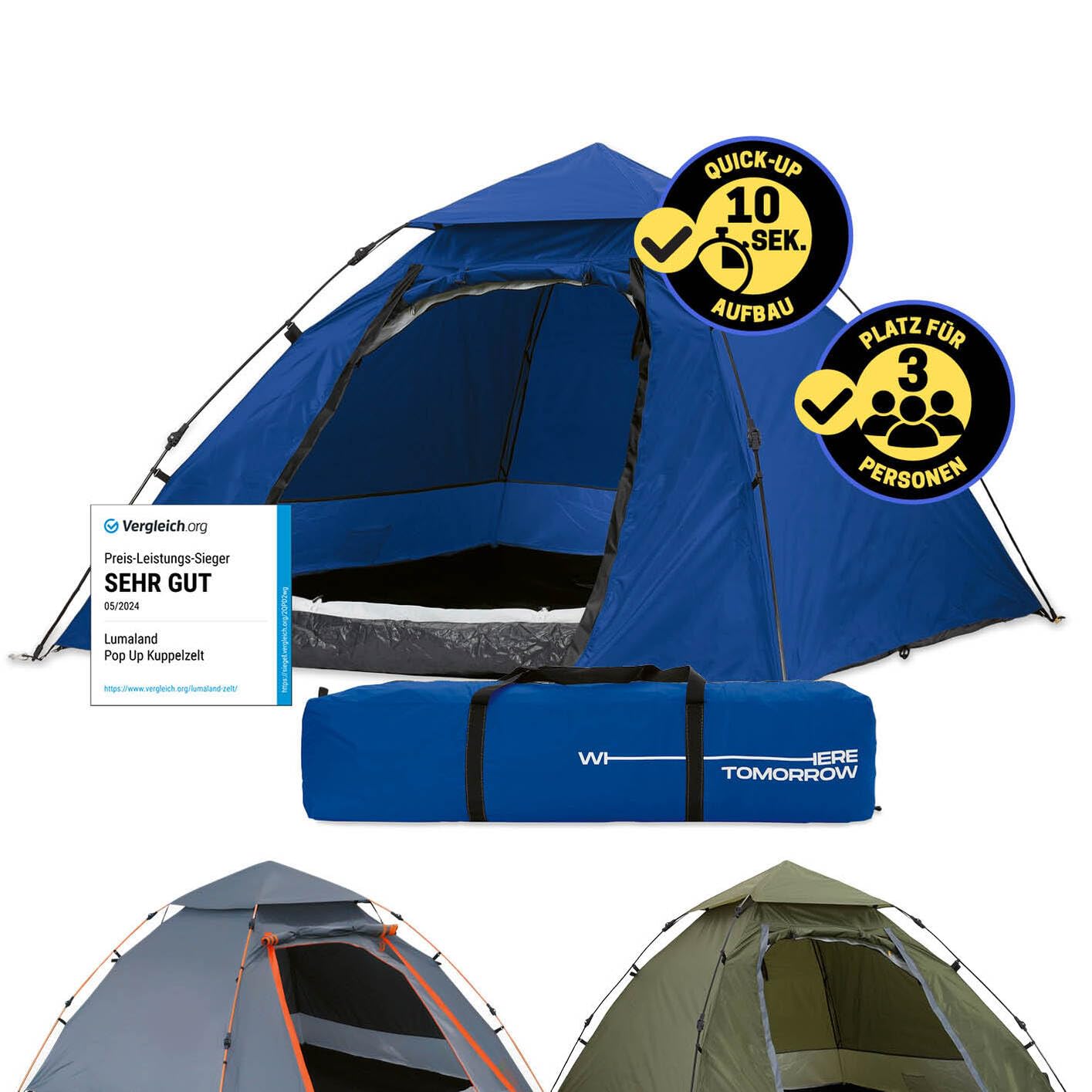 Lumaland Pop Up Camping Zelt | 2-3 Personen Kuppelzelt 215 x 195 x 120 cm| 4 Jahreszeiten Igluzelt | Outdoor Trekking & Festival Wurfzelt | Leicht, Wasserdicht & Robust | Aufbau simpel, schnell