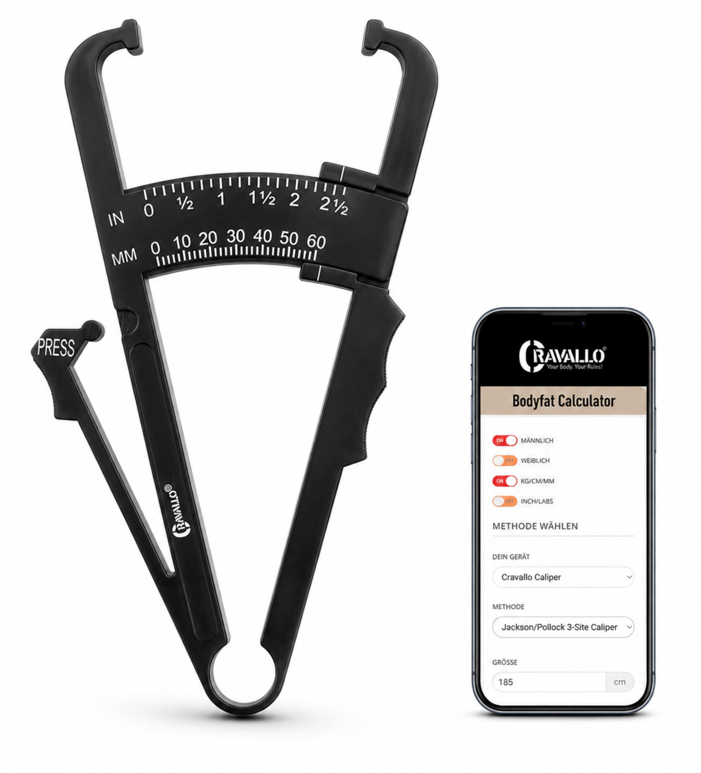 Caliper I Körperfettmessgerät I Fettmesszange I Fettzange I Fettmesszange I KfA-Zange I Body Fat Measure I Unkompliziert und mit Video Anleitung I Körperfettmesser zum messen von Körperfett
