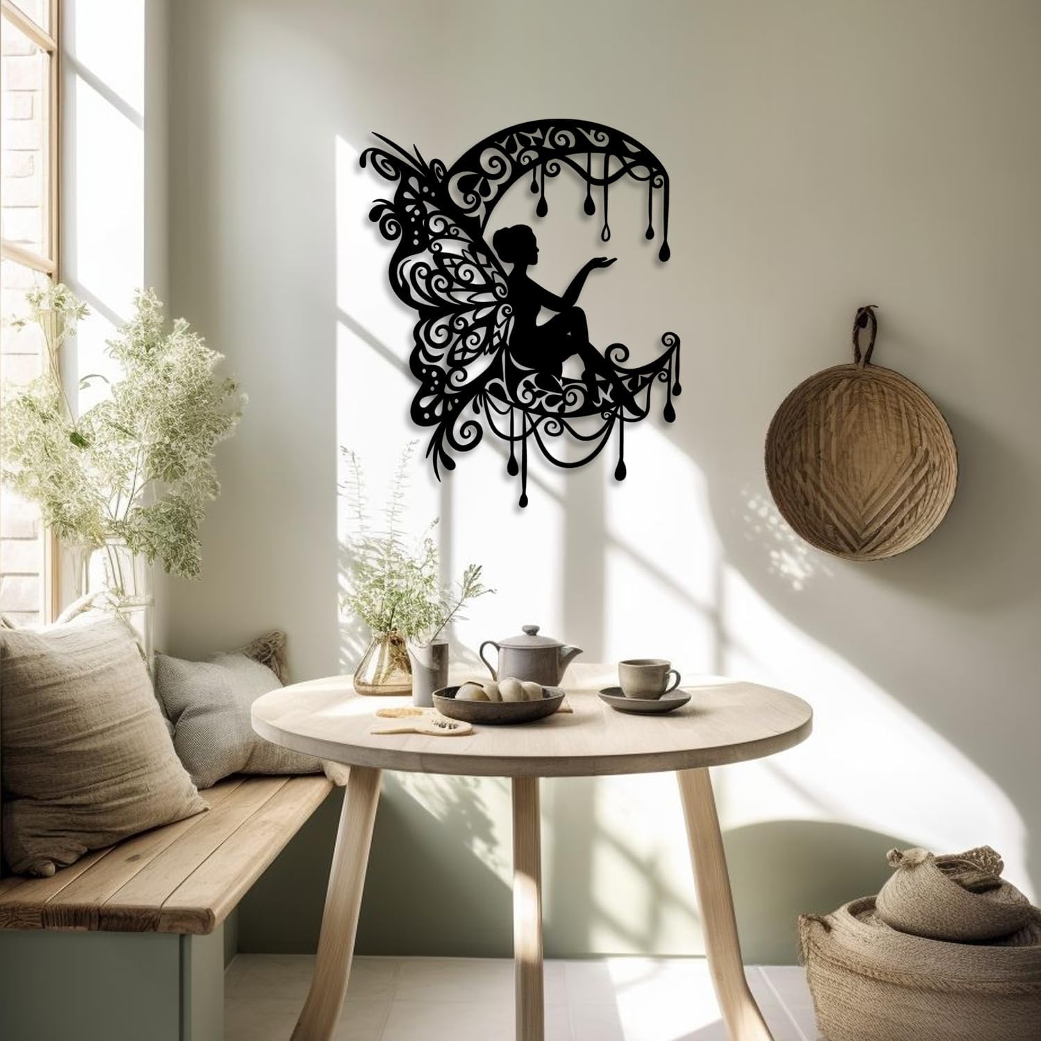 LIYOUYA Moon Flower Fairy Metal Wall Decor - Rustic Farmhouse Room Decor Black Wall Art Home Decor for Living Room, Bedroom, Outdoor (Black)