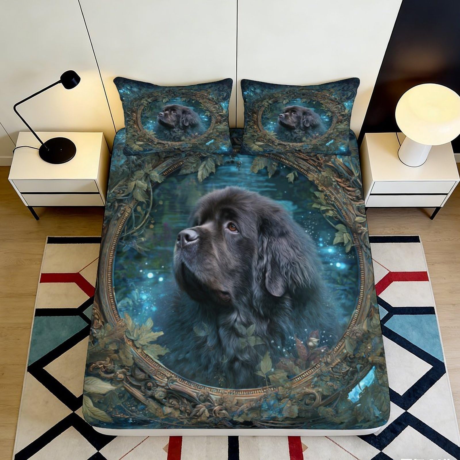3D Printed Black Newfoundland Dog Fitted Sheet Microfiber Non Slip Forest Art Mattress Cover for Bedroom Guest Room Decor 90x200x25cm