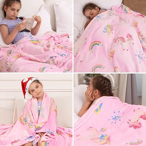Miniatura 7 de inhand Regalo de unicornio rosa para niña, manta que brilla en la oscuridad, juguetes de unicornio, manta para sofá, manta de forro polar suave,