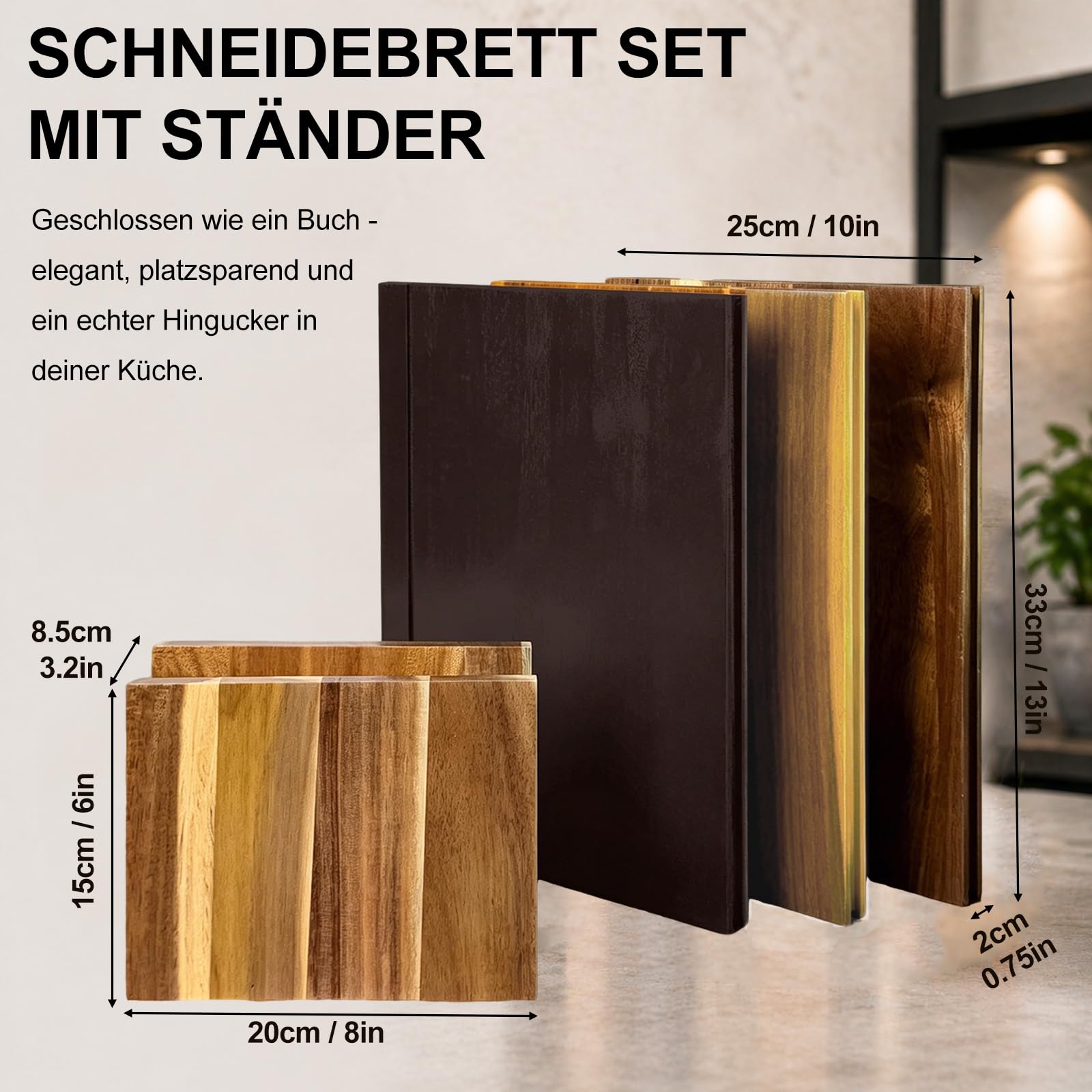 3er Set Schneidebrett Bibliothek Buchschneidebrett mit Ständer, das aussieht wie Bücher, Küche Schneidebrett Holz Set für Brot Käse Obst Gemüse Fleisch