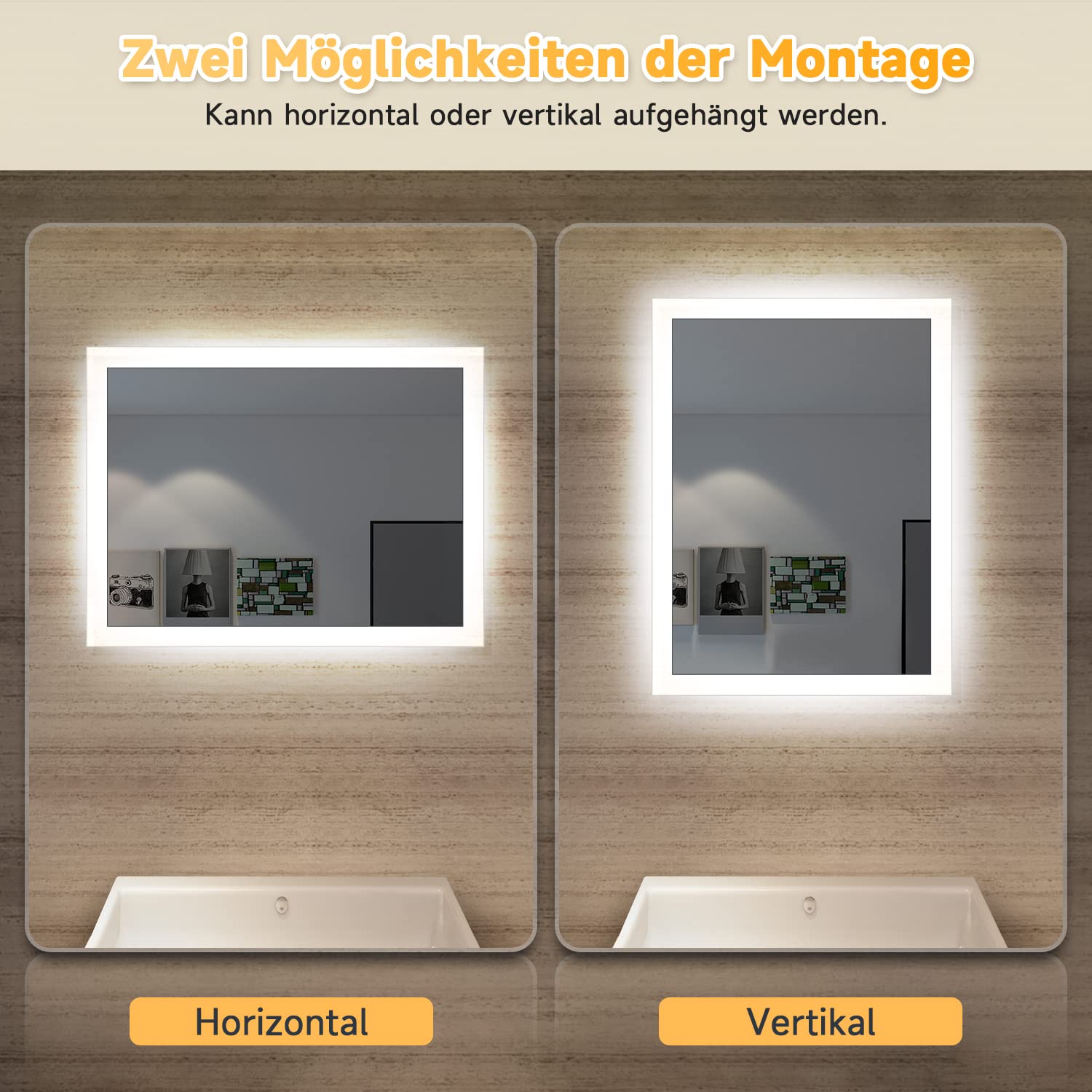 SONNI LED Badspiegel für Badezimmer 60x50 cm Kaltweiß vertikal & horizontal | HD Spiegel kupfer- & bleifrei mit staubdichter Rückwand. Nur über Wandschalter. Ideal für Renovierung & Gewerbeimmobilien