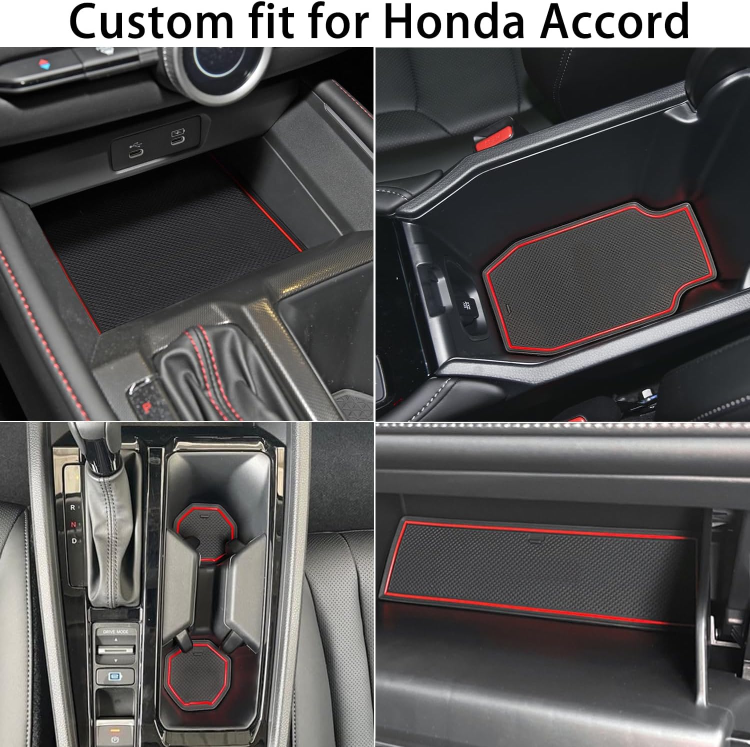 OMIMO Cup Holder Insert for Honda Accord Accessories 2023 2024, Center Console Liner, Door Pocket Interior Trim, Non-Slip Pad, Anti Dust Mat, Custom Rubber Coaster (Red Trim,16 Pcs)