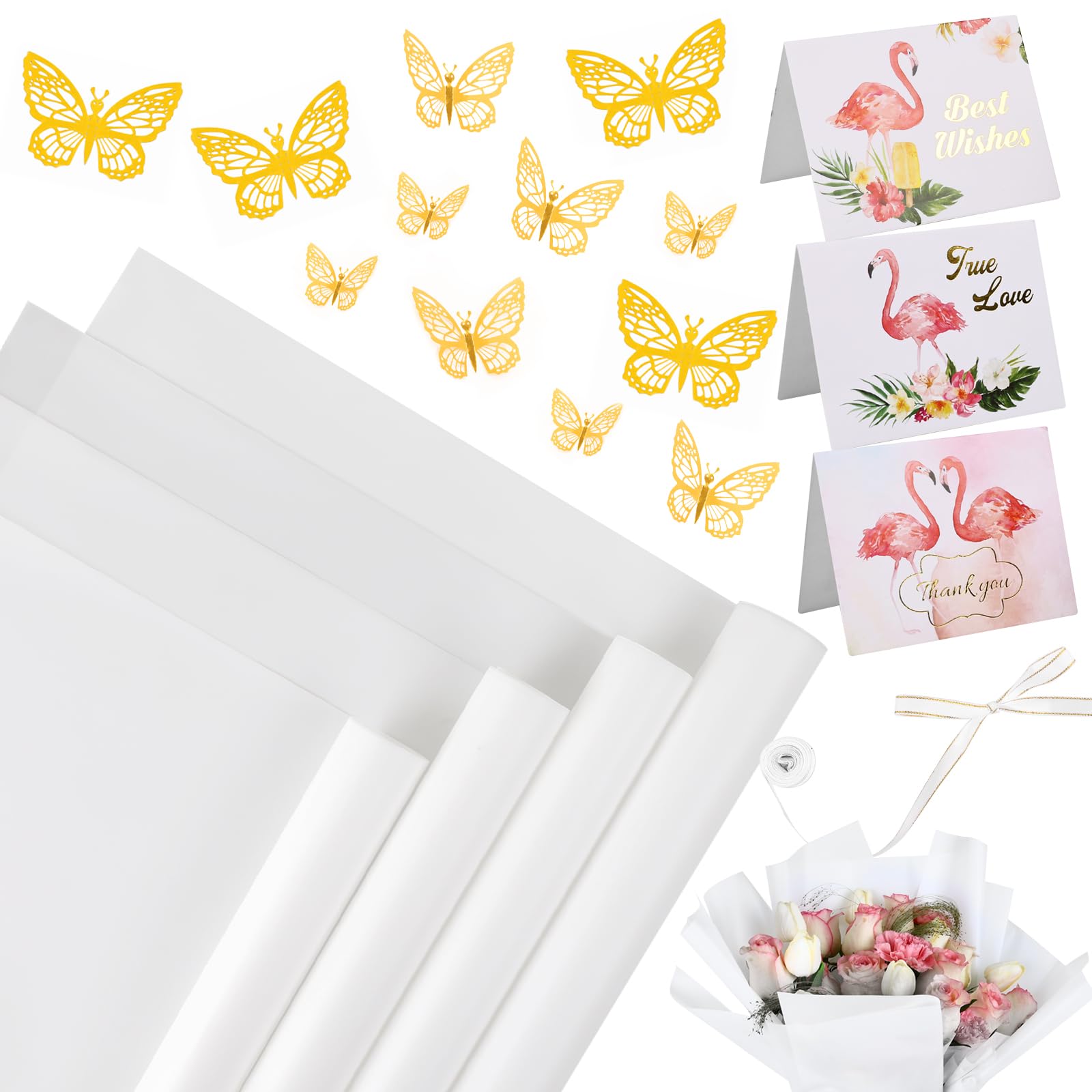 SACATR 20 Sheets Wrapped Flower Paper Set, Perfect for Weddings, Birthdays, Christmas, Baby Showers, DIY Bouquets (Misty White)