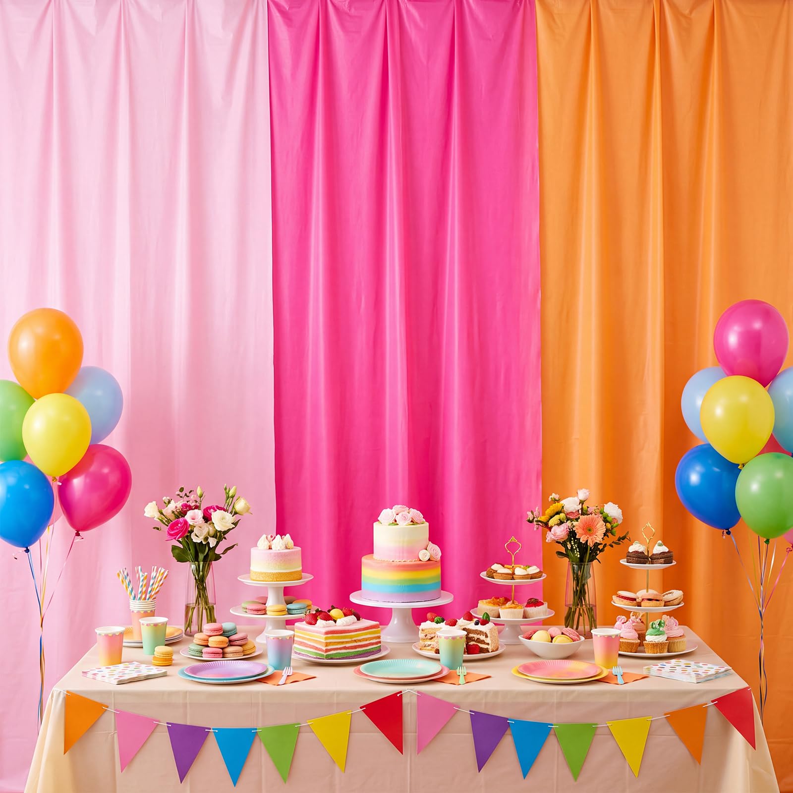 Blulu 3 rotoli da 101,6 x 30,5 m, tovaglie in plastica usa e getta per feste al tramonto rosa e arancione, copertura per tavolo fai da te, decorazione per matrimoni, compleanni, battesimi, tende