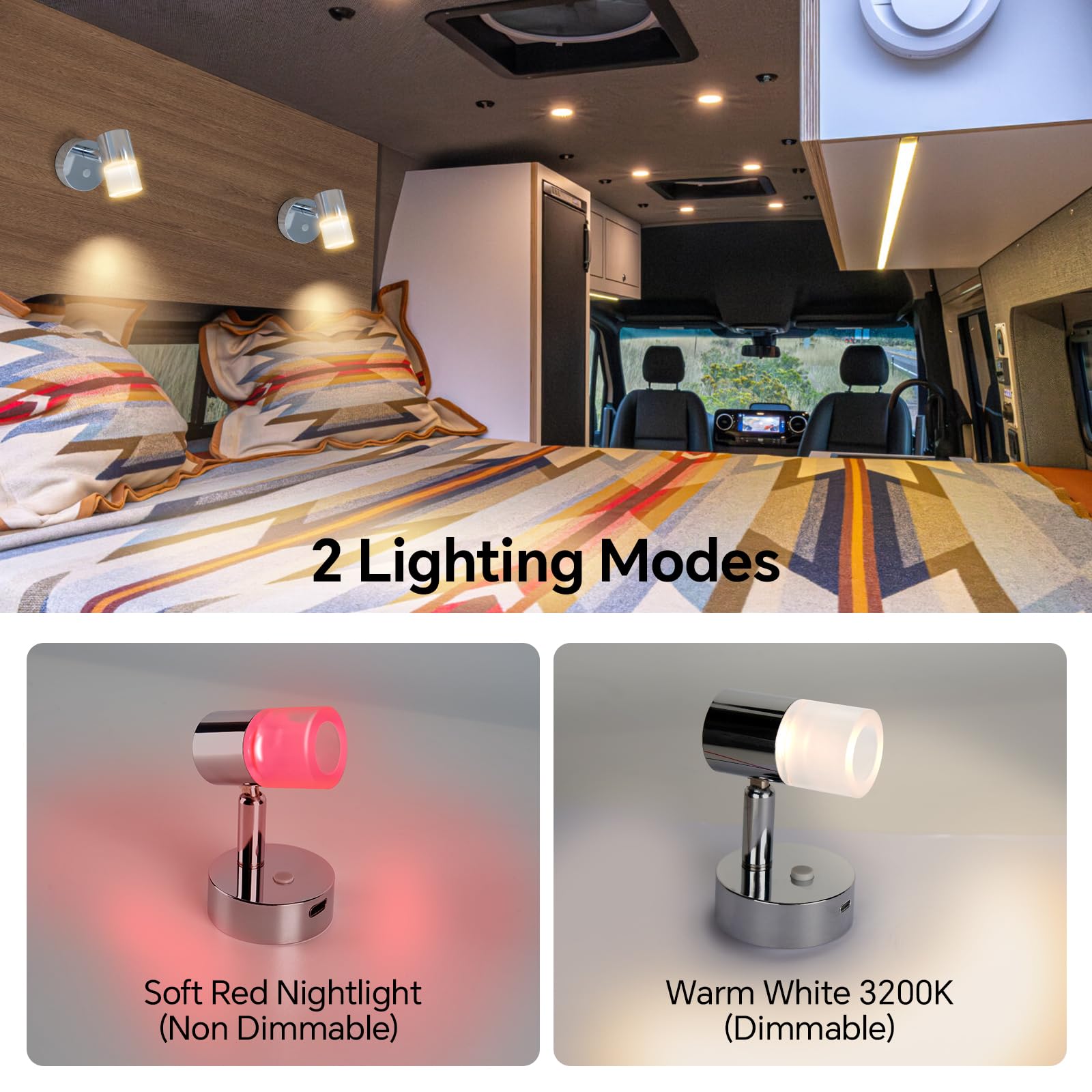 acegoo Lampada da Lettura 12V LED Camper Dimmerabile 3200K DC12-24V Spot Acrilico con Caricatore Rapido USB C, per Caravan Furgone Barca Camion Auto Illuminazione Interna, Cromato