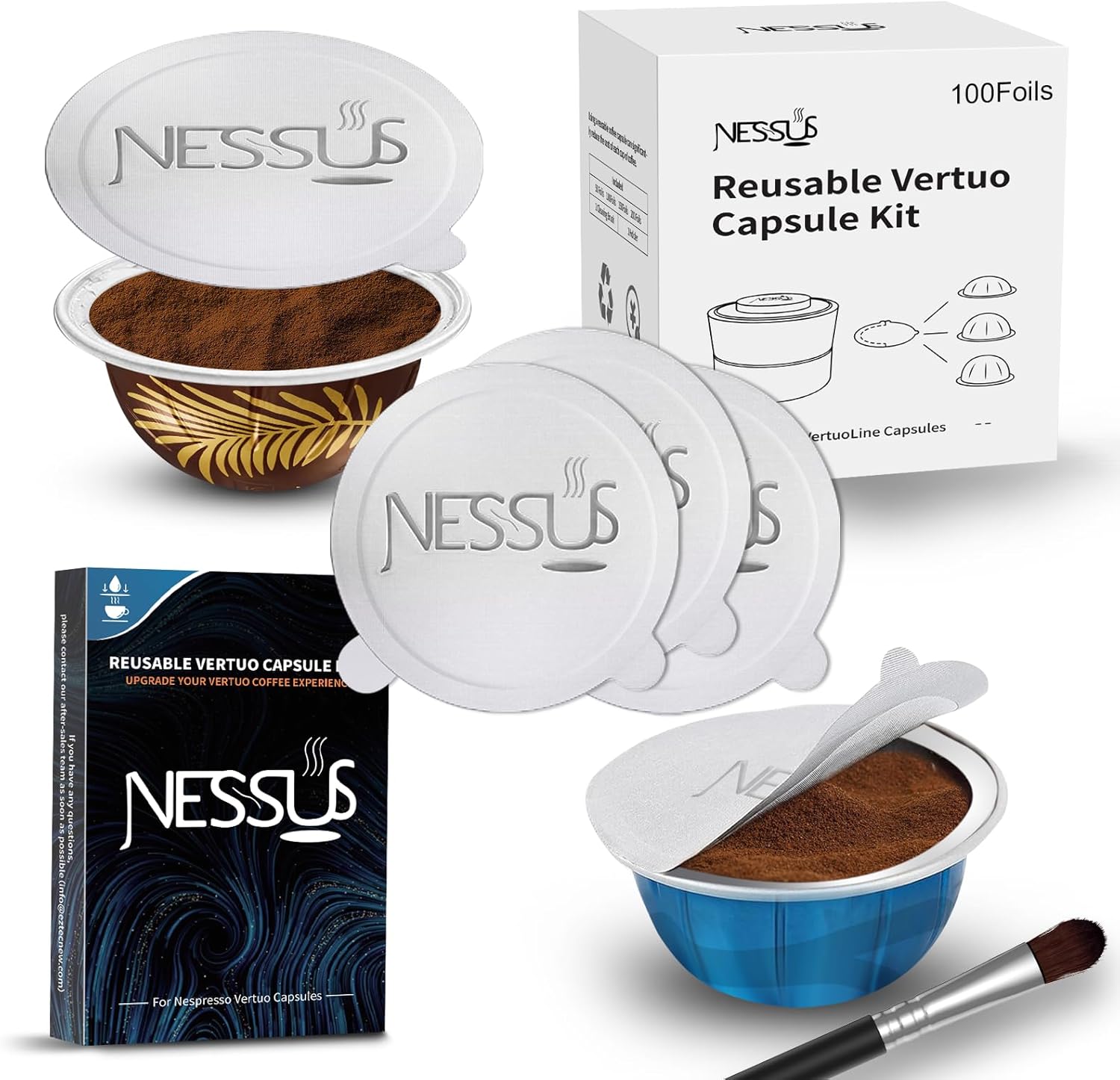 Nessus Reusable Vertuo Capsule Kit(100 Pcs Foil Seal Lids, Holder, Brush) + 200 Pcs Refilling Aluminum Foil Covers