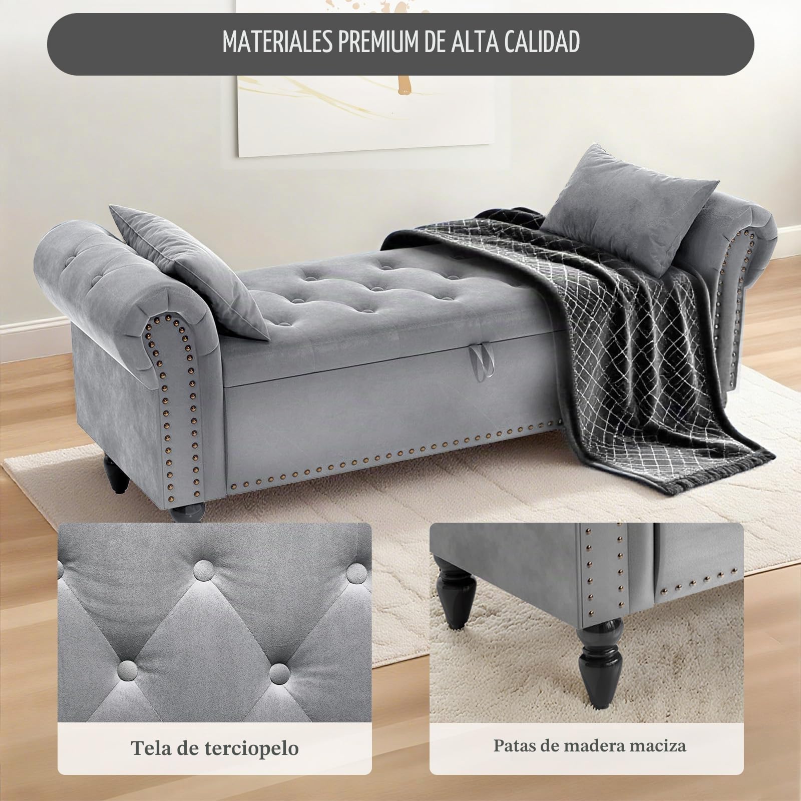Clevich Banco con Almacenaje 133cm, Terciopelo Baul Almacenaje Dormitorio con Varilla de Elevación, Estilo de Francés, Extremo de la Cama con Tapa, Patas de Madera Maciza (Gris Claro)