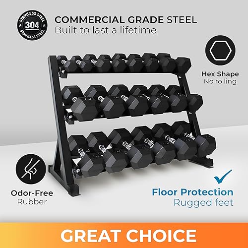 Miniatura 3 de Juego de mancuernas hexagonales de goma con estante, juego de mancuernas profesionales para gimnasio en casa y entrenamiento de fuerza