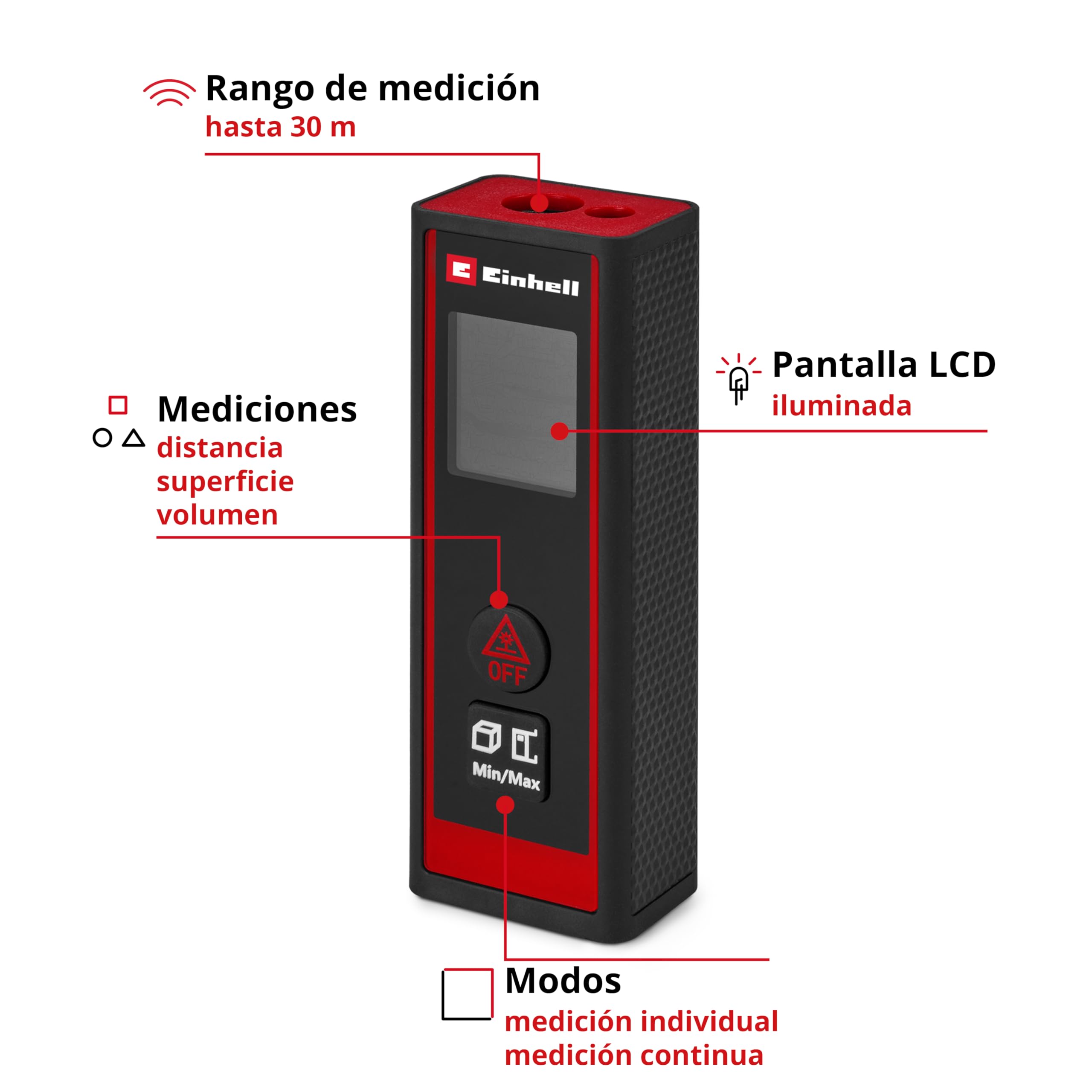 Einhell medidor de distancia láser TC-LD 30 R (30 m máx. rango de medición, modos de medición de distancia, superficie, volumen, medición continua, pantalla LCD, apagado automático, sin baterías)