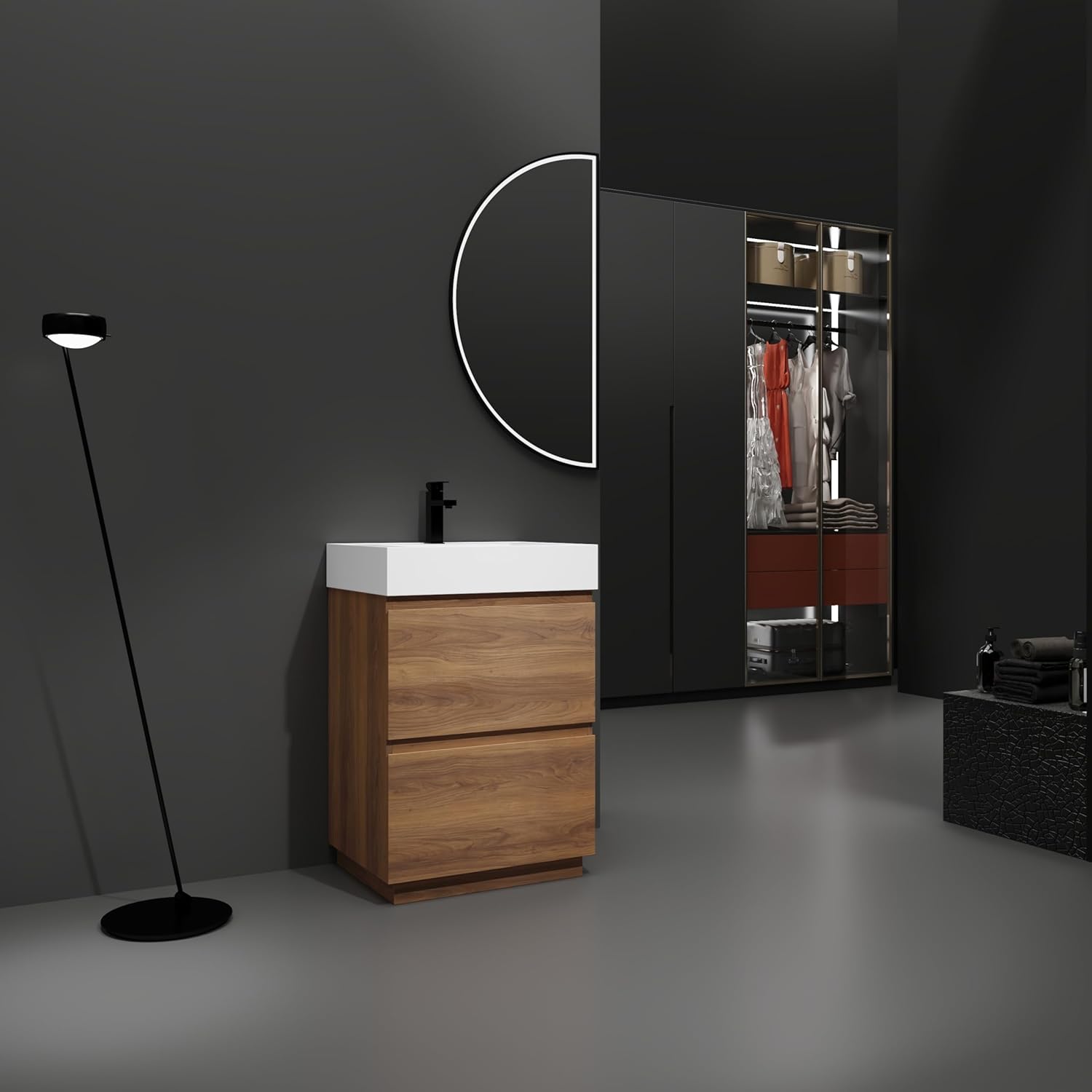Bathroom Vanity,30'' Modern Freestanding,Set with Ceramic Sink, Mirror Cabinet,2 Drawers & Tip-Out Drawer,Space-Saving Storage Organizer,Over-Toilet or Narrow Bathrooms,Adjustable Shelves,Natural
